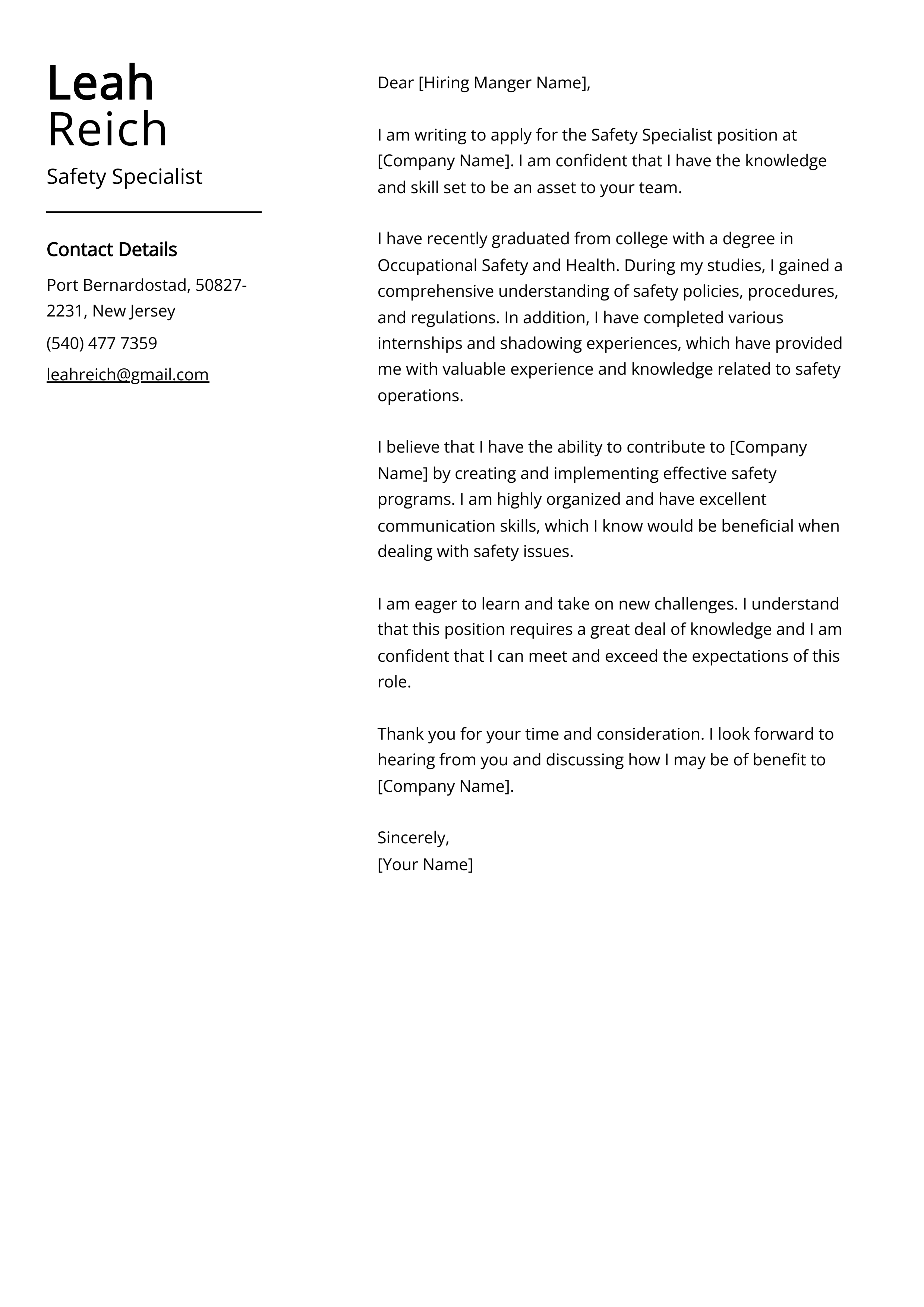 Safety Specialist Cover Letter Example