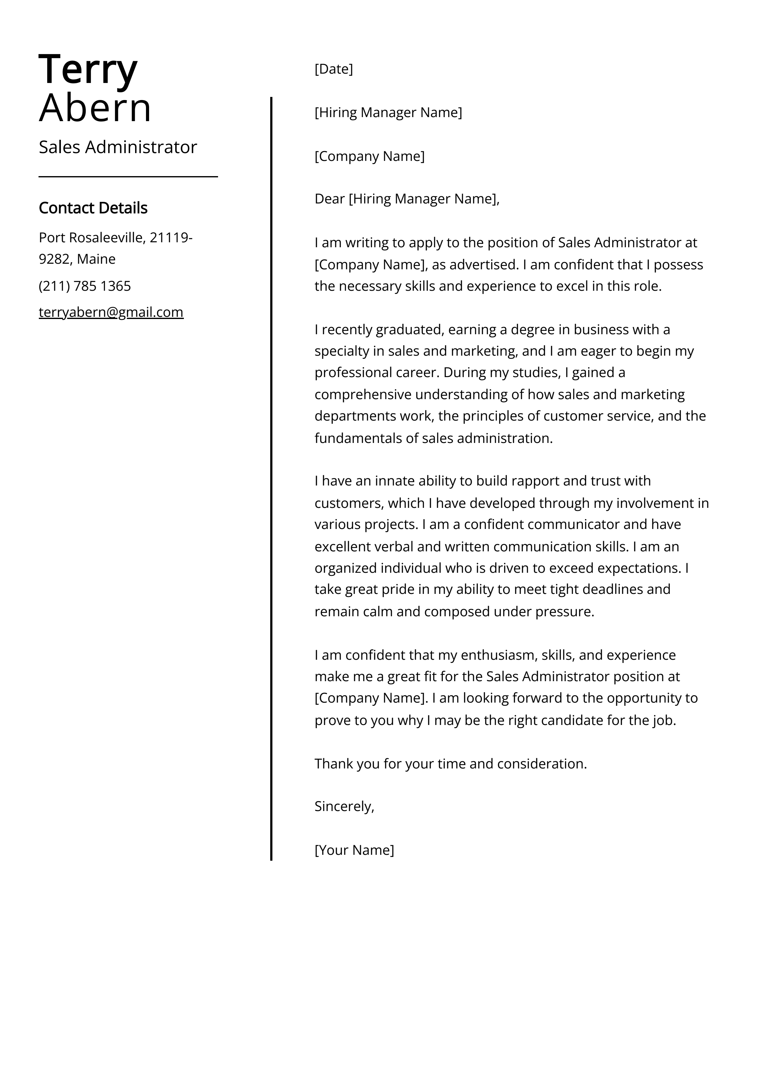 Sales Administrator Cover Letter Example