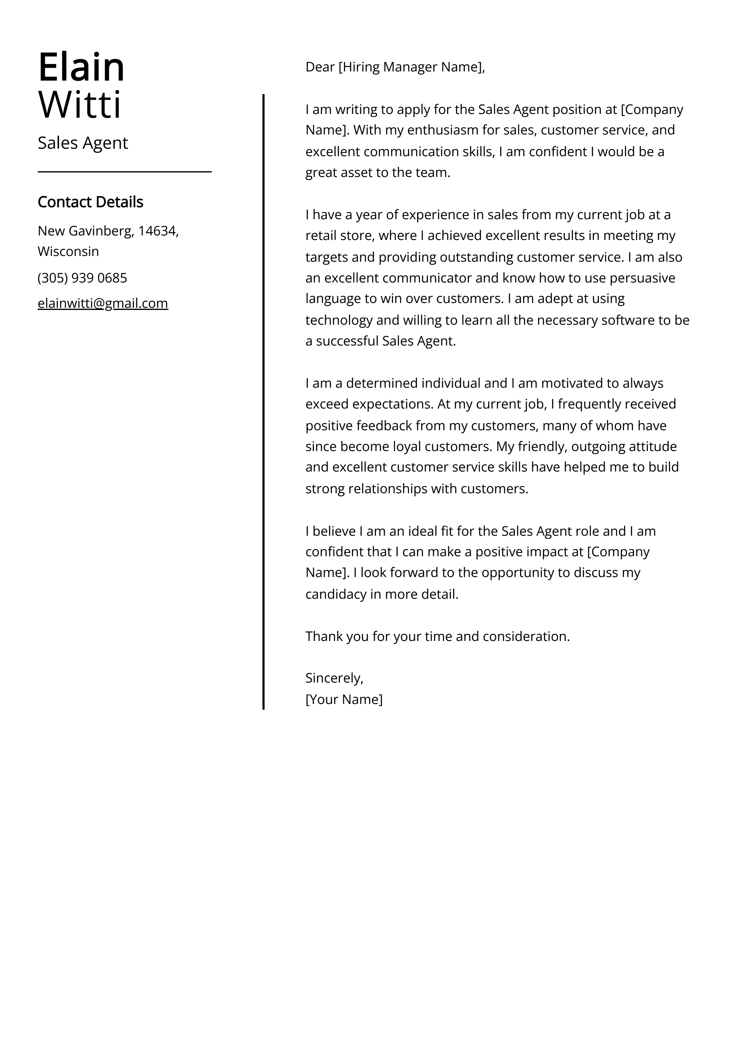 Sales Agent Cover Letter Example