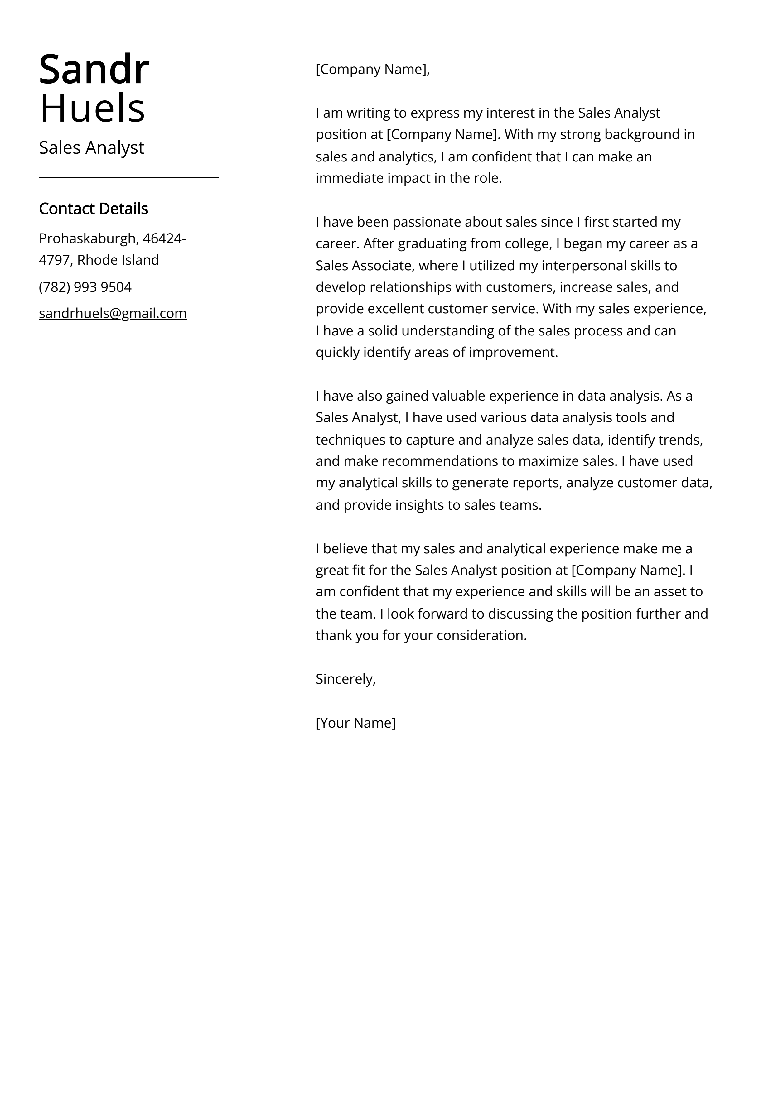 Sales Analyst Cover Letter Example