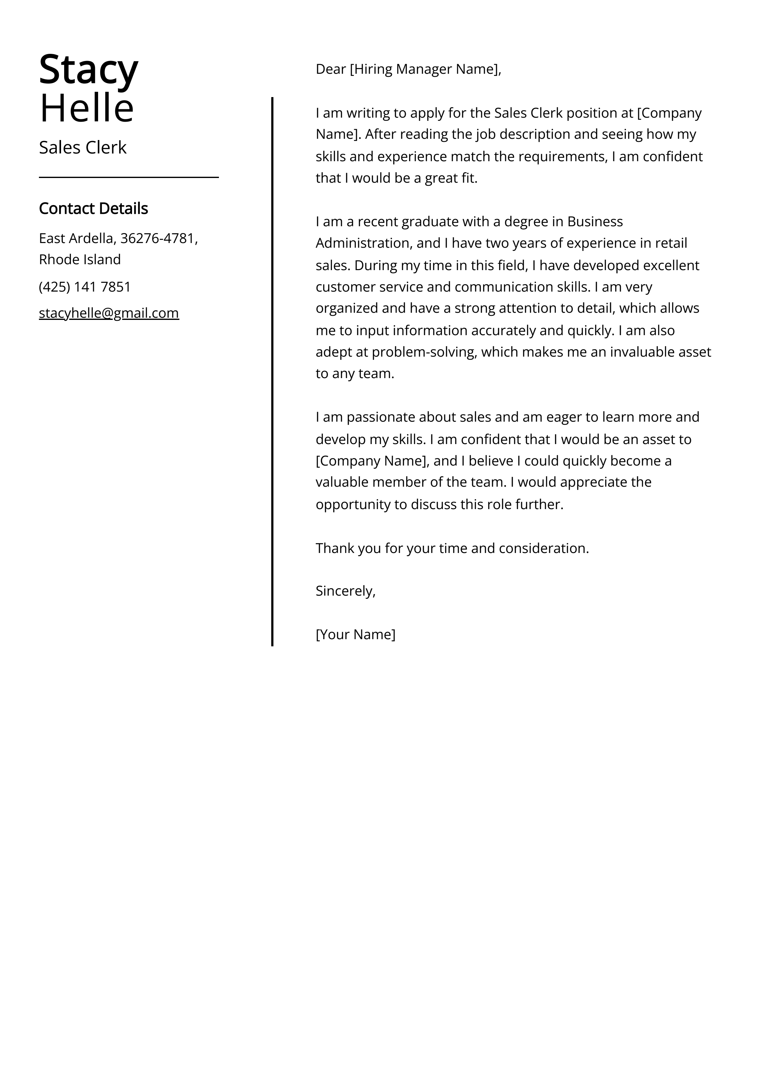 Sales Clerk Cover Letter Example