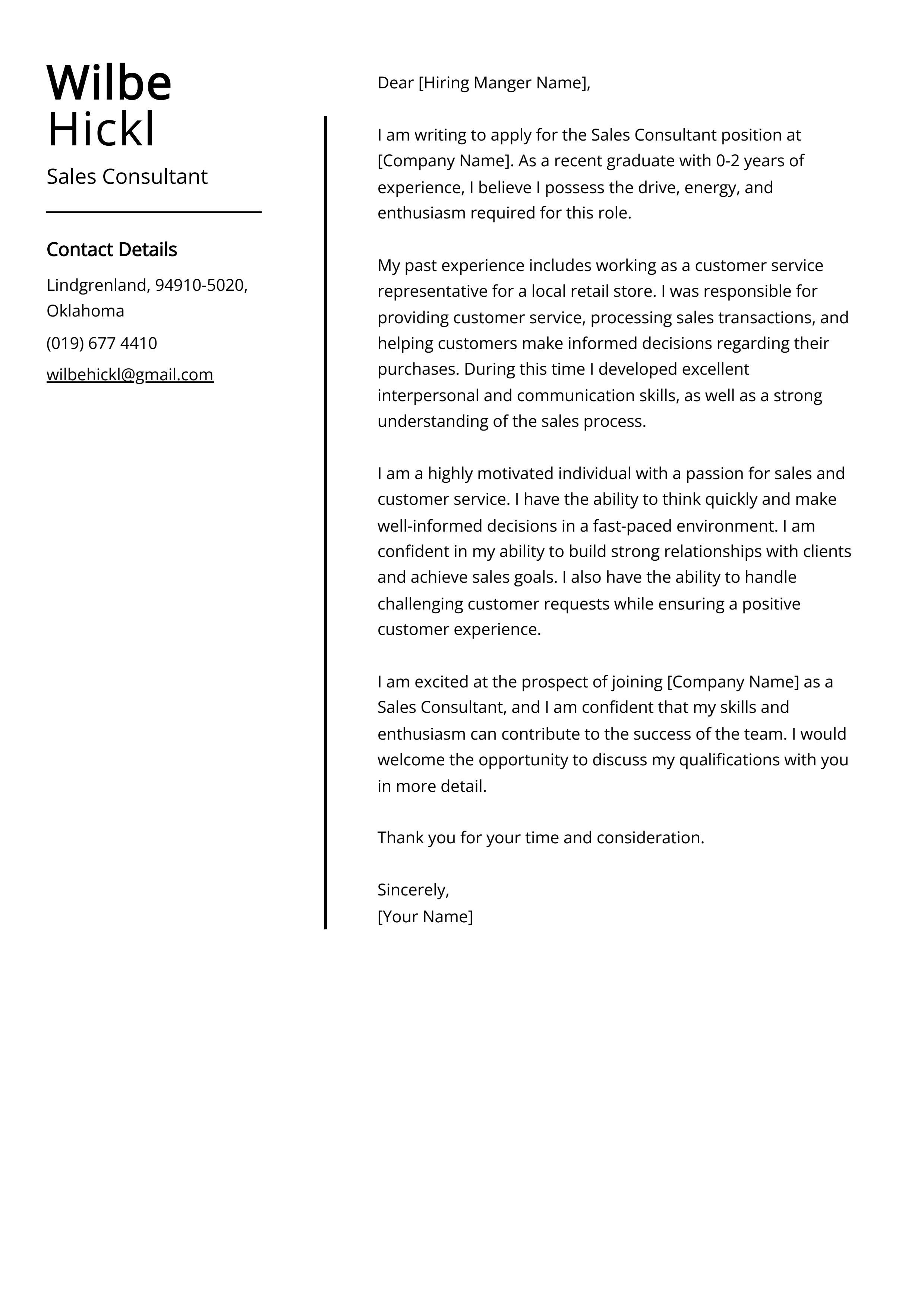 Sales Consultant Cover Letter Example