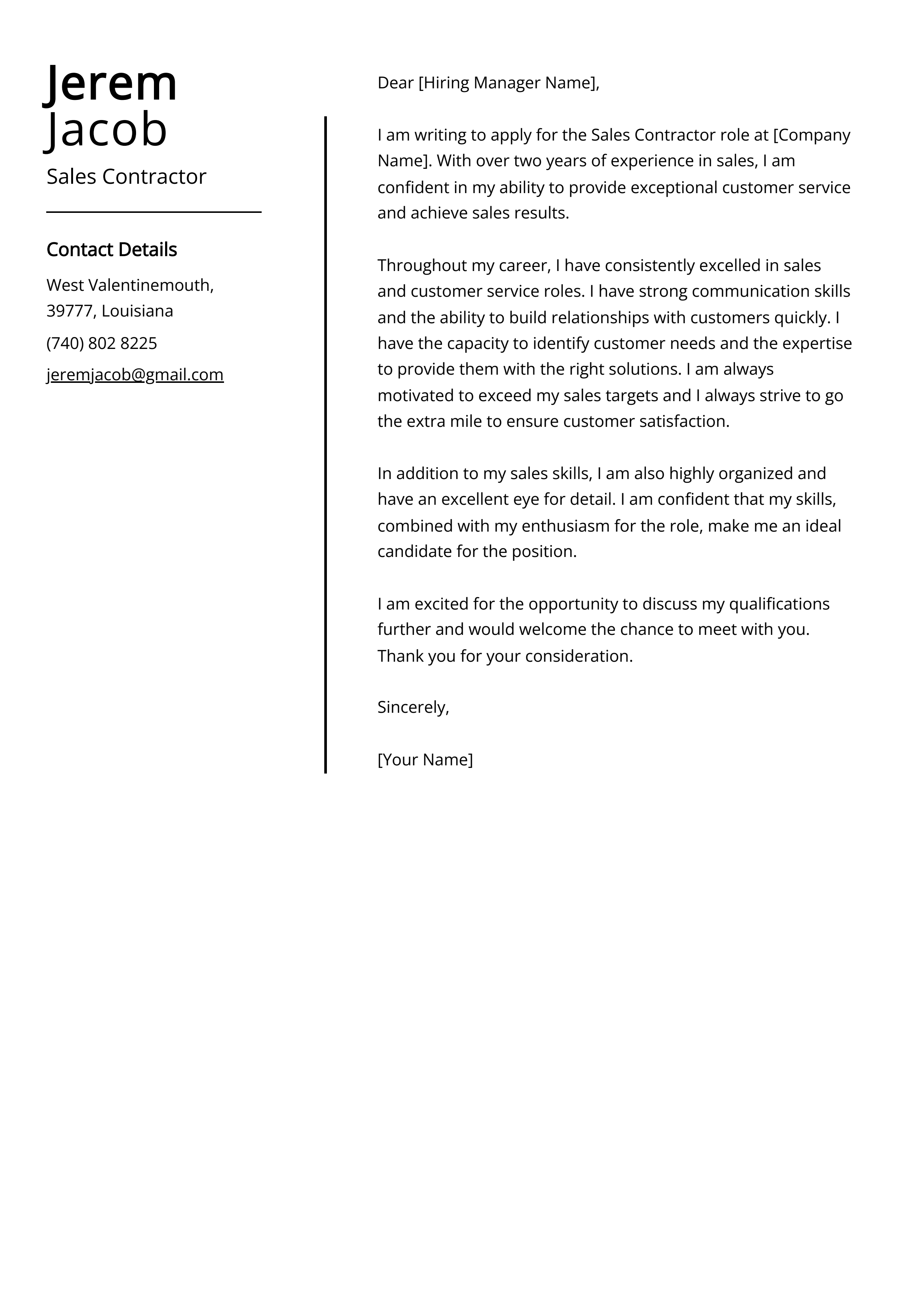 Sales Contractor Cover Letter Example