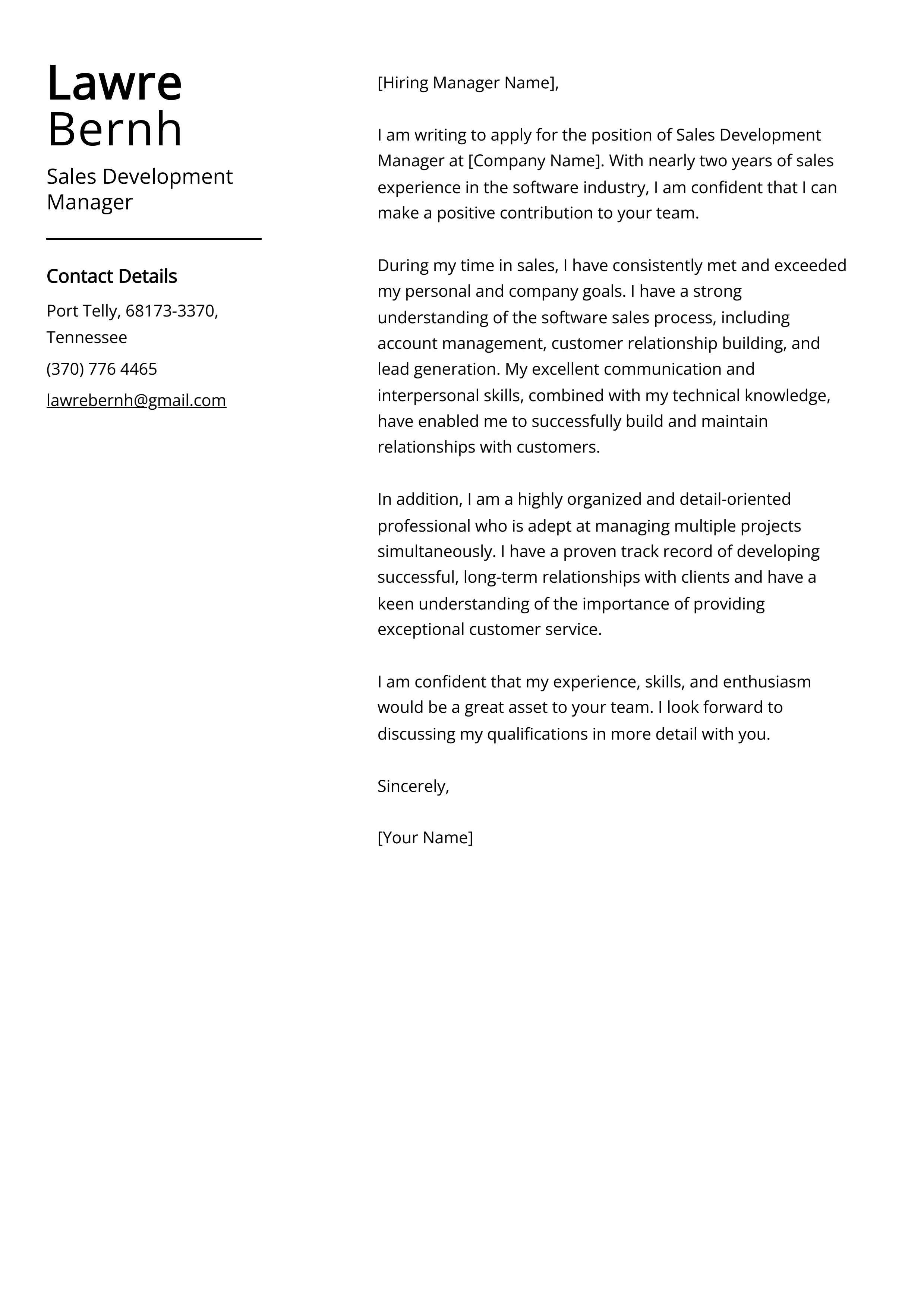 Sales Development Manager Cover Letter Example