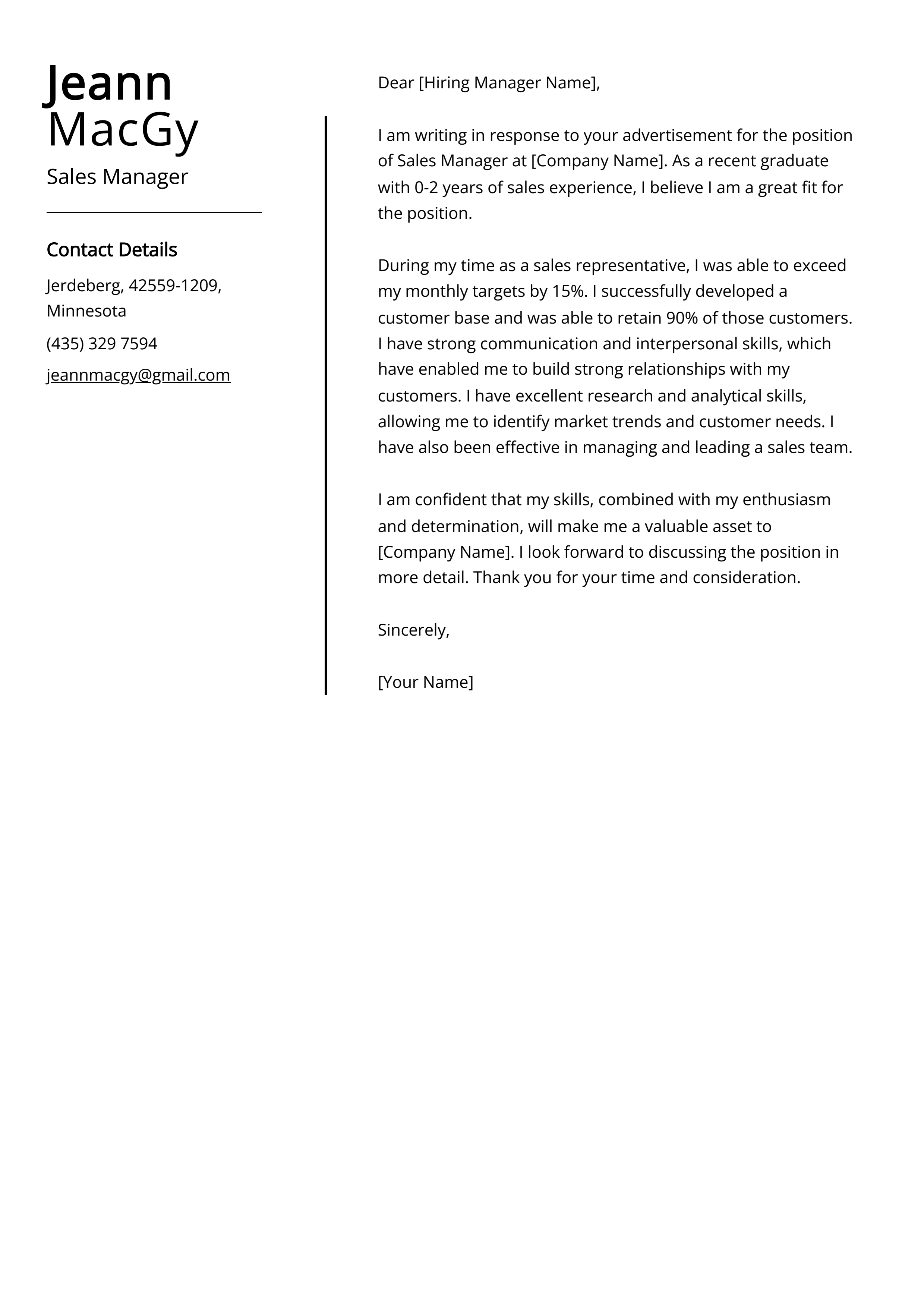 Experienced Sales Manager Cover Letter Example