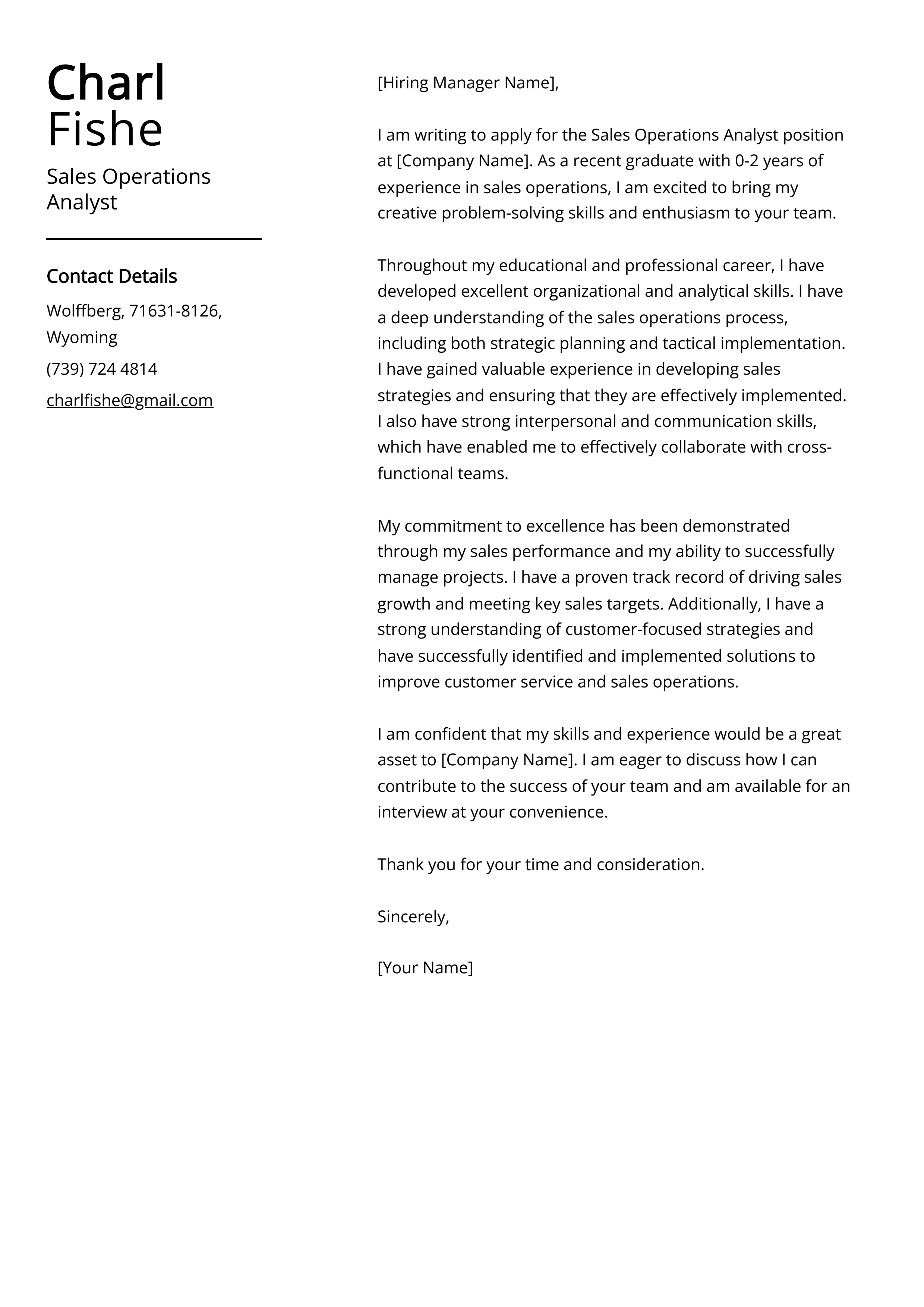 Sales Operations Analyst Cover Letter Example