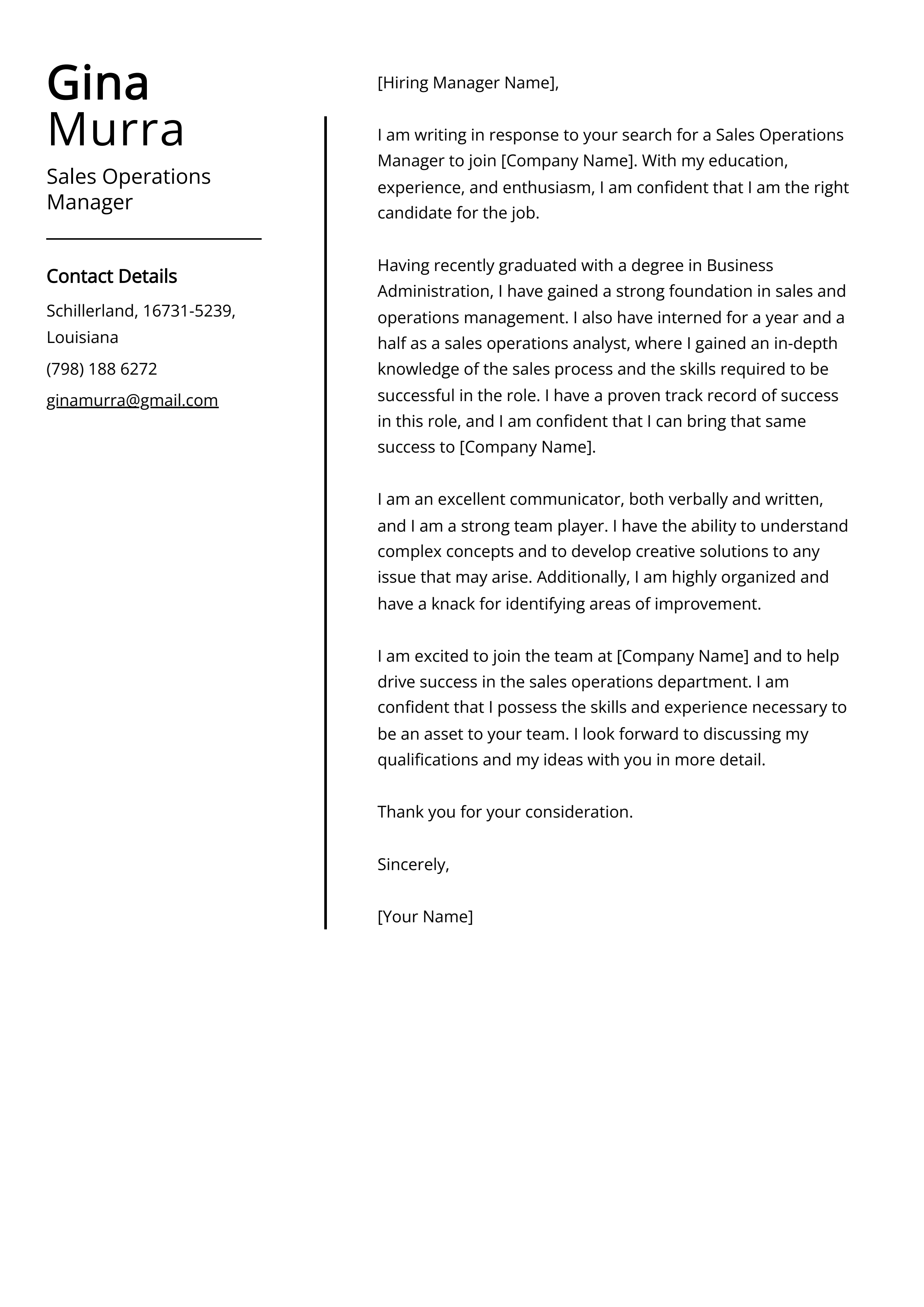 Sales Operations Manager Cover Letter Example