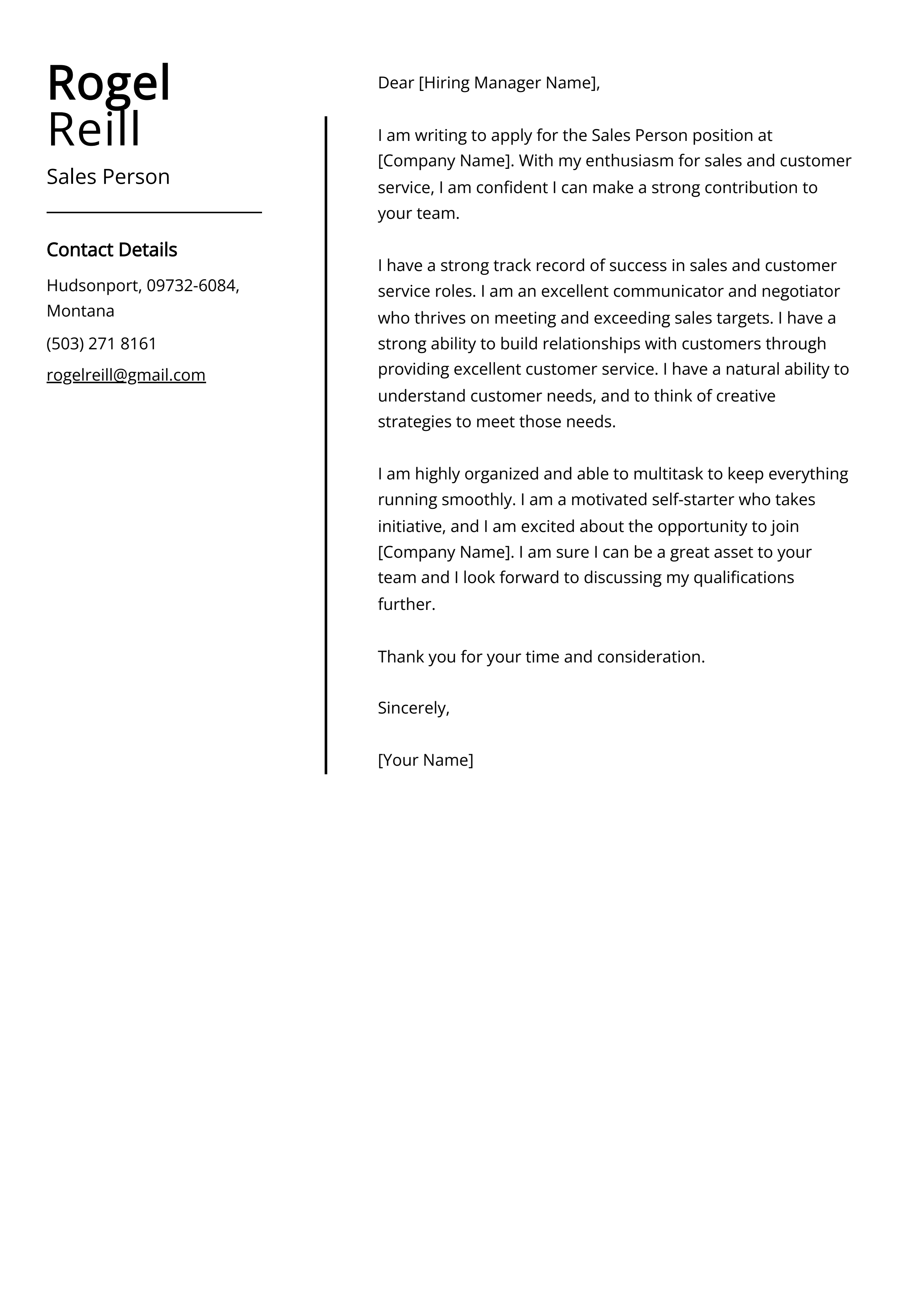 Sales Person Cover Letter Example