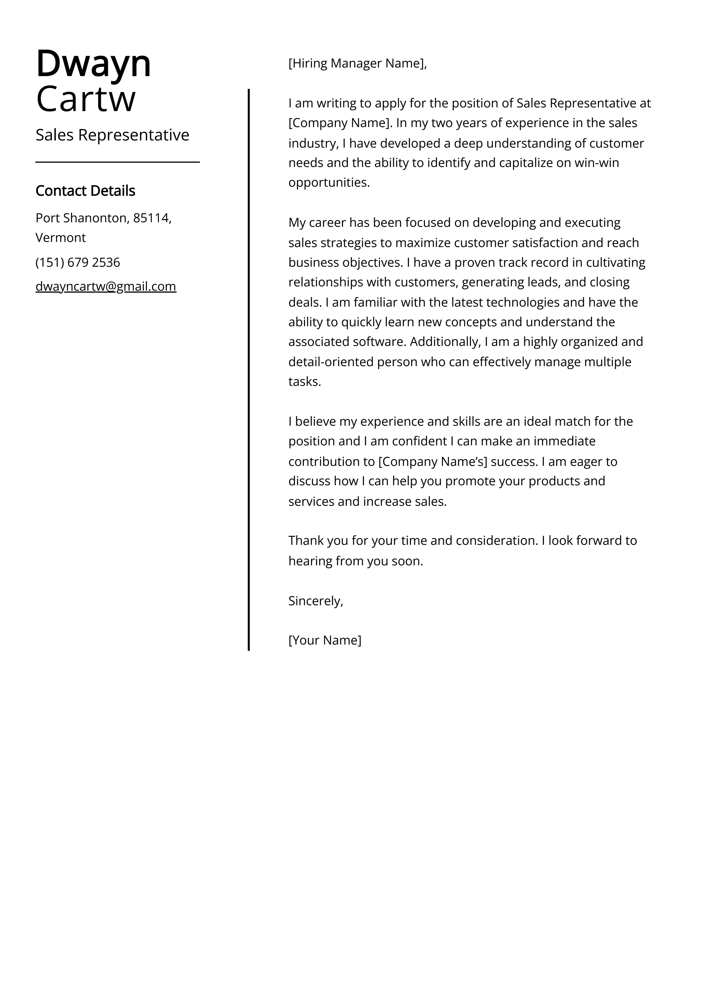 Sales Representative Cover Letter Example