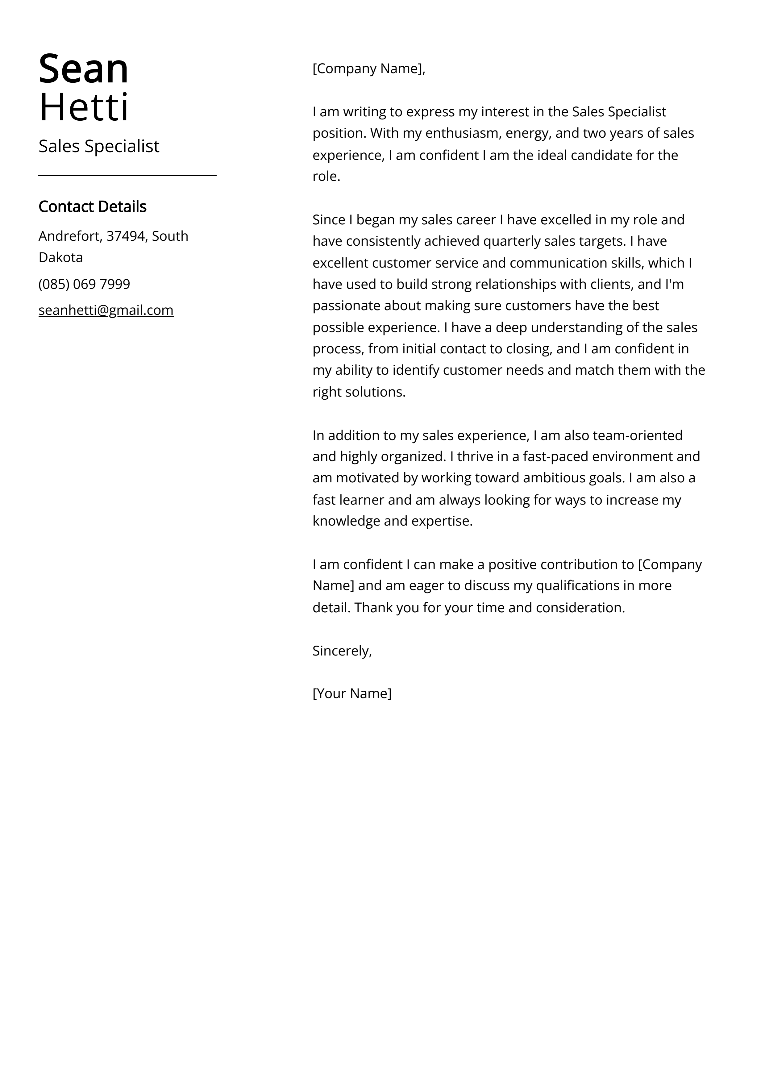 Sales Specialist Cover Letter Example