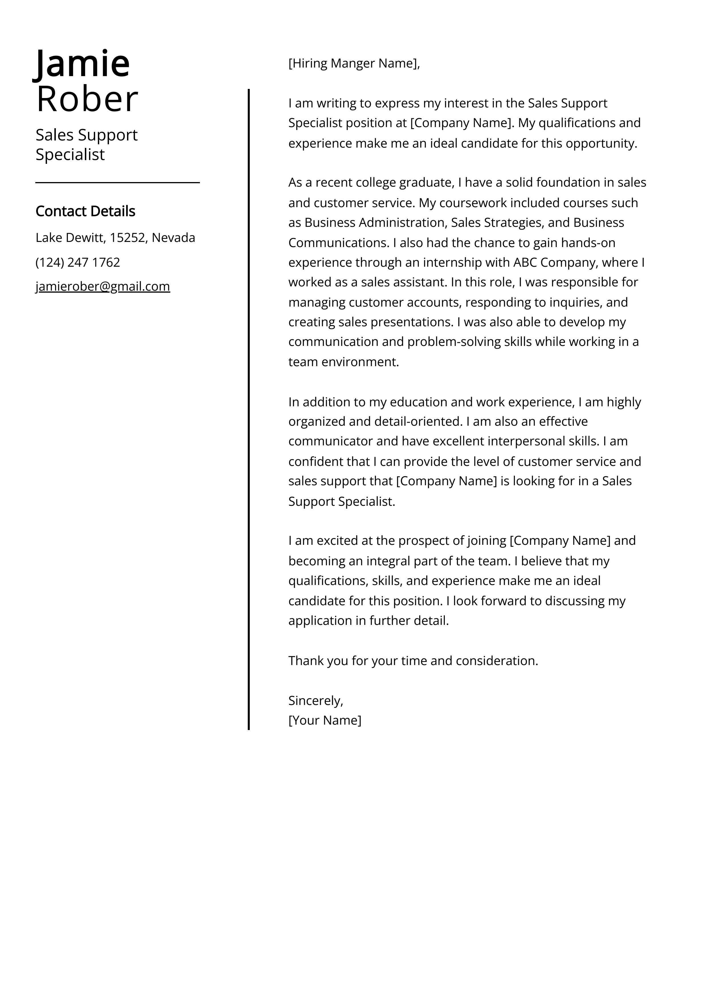 Sales Support Specialist Cover Letter Example