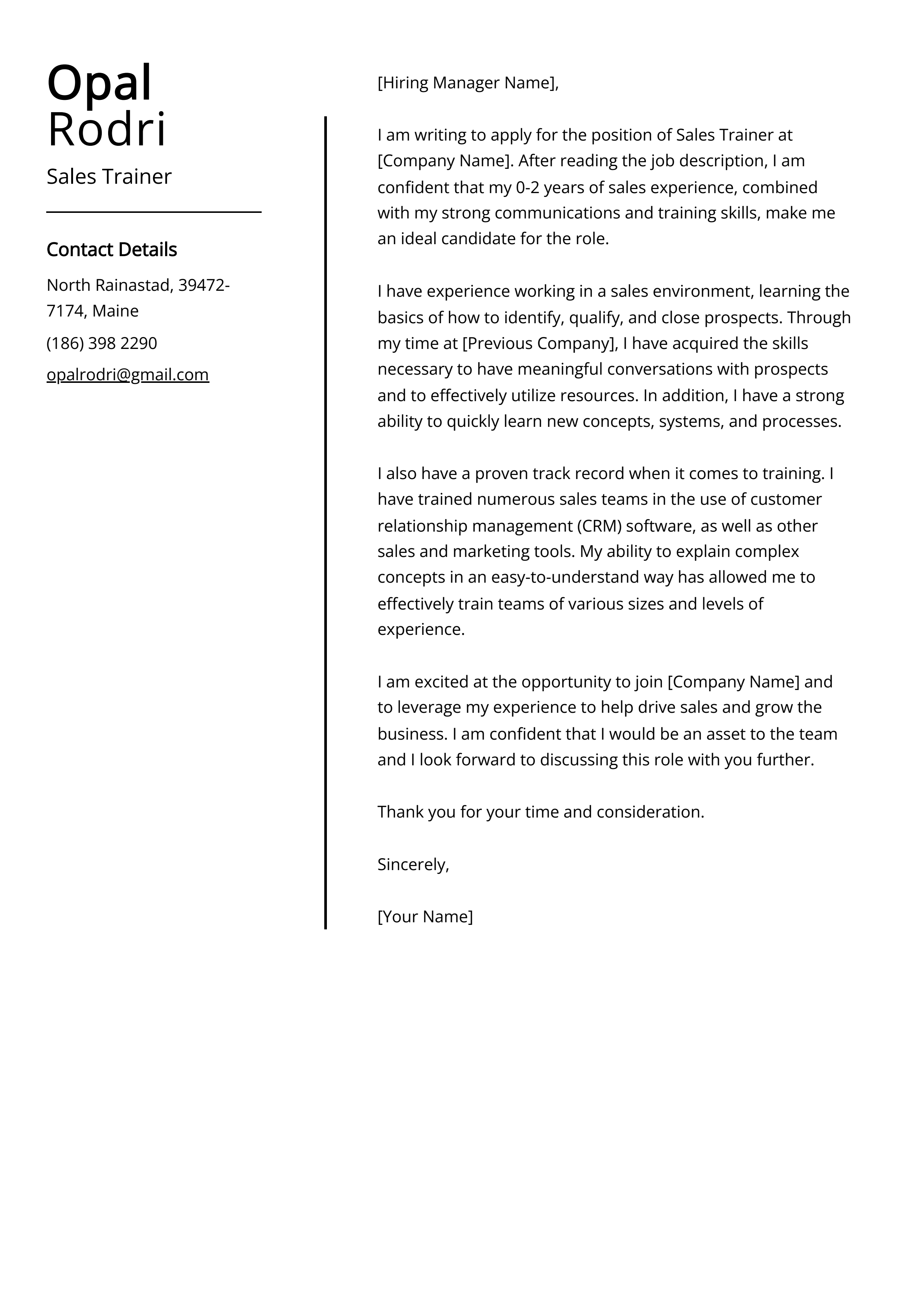 Sales Trainer Cover Letter Example