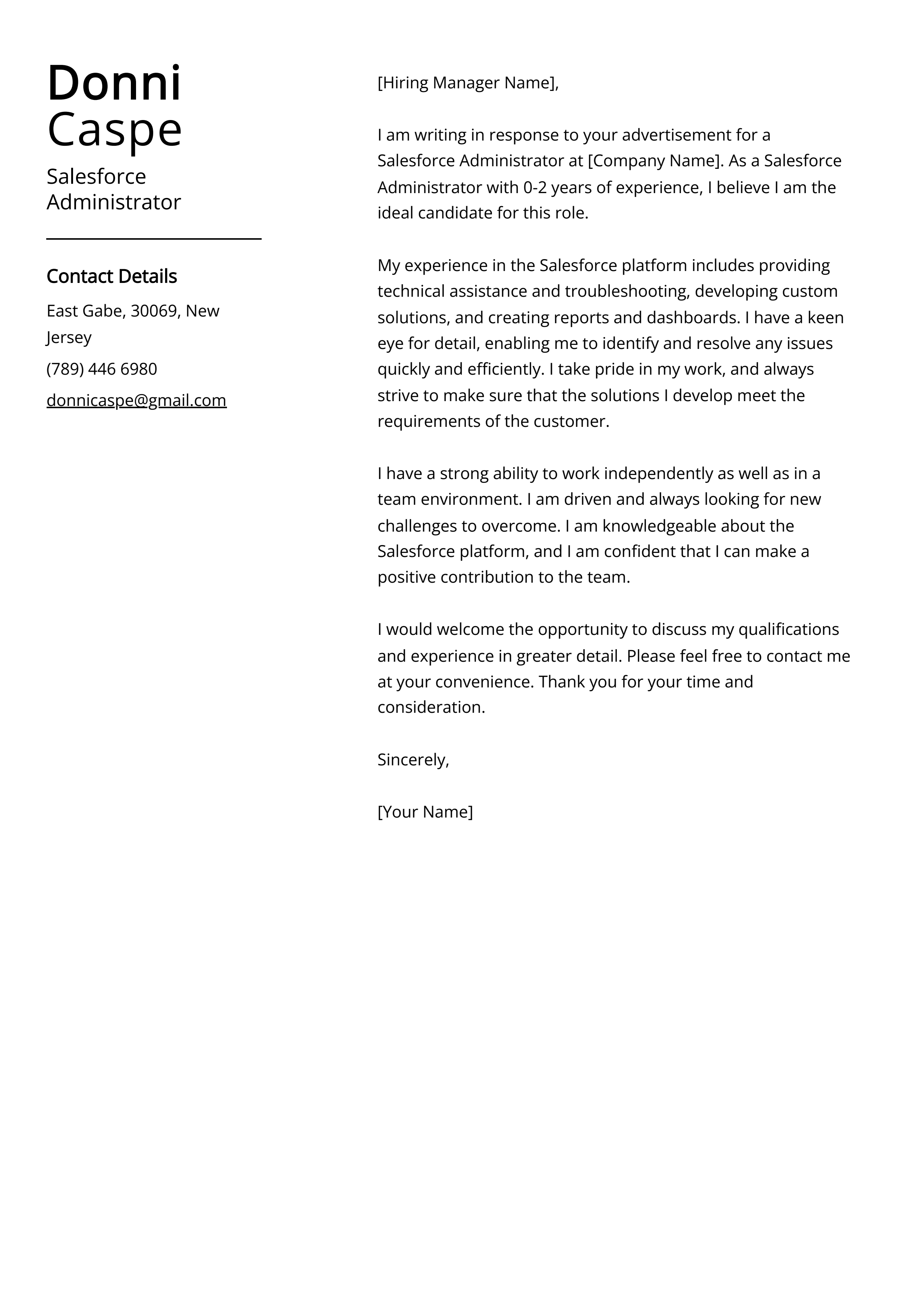 Salesforce Administrator Cover Letter Example