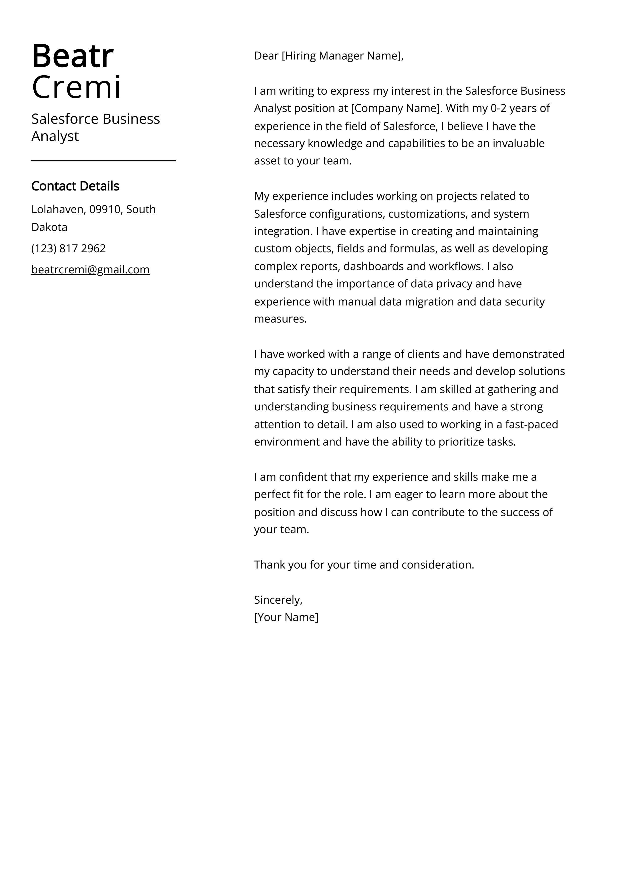 Salesforce Business Analyst Cover Letter Example