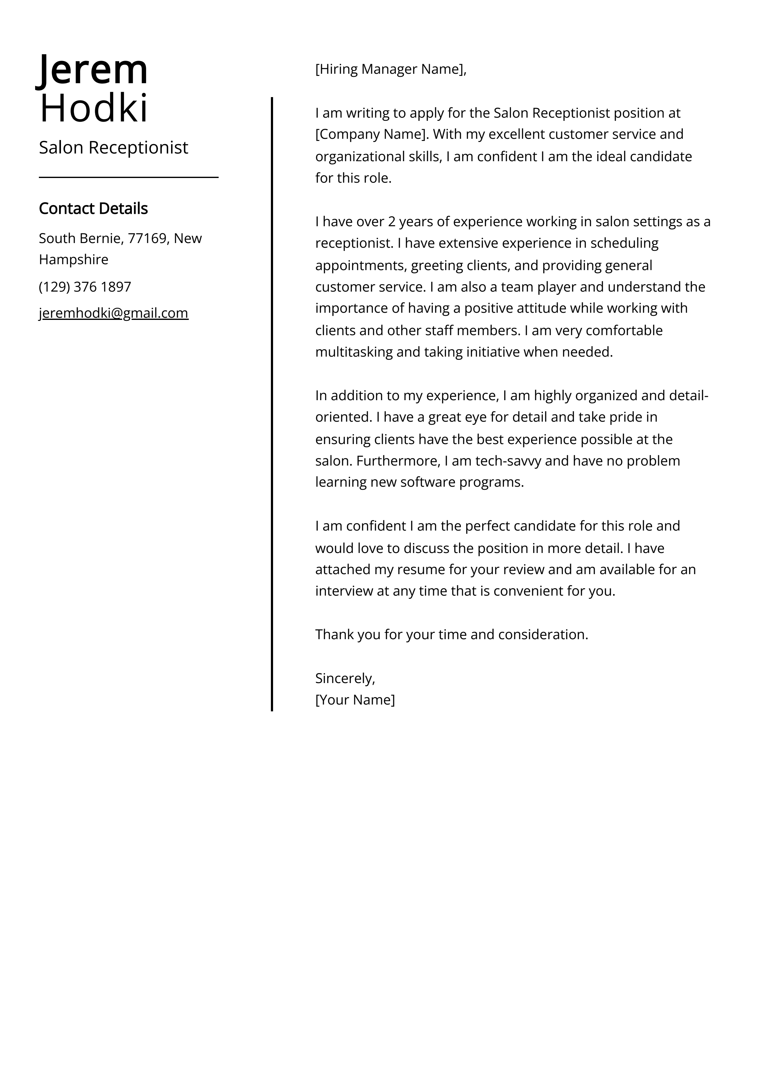 Salon Receptionist Cover Letter Example