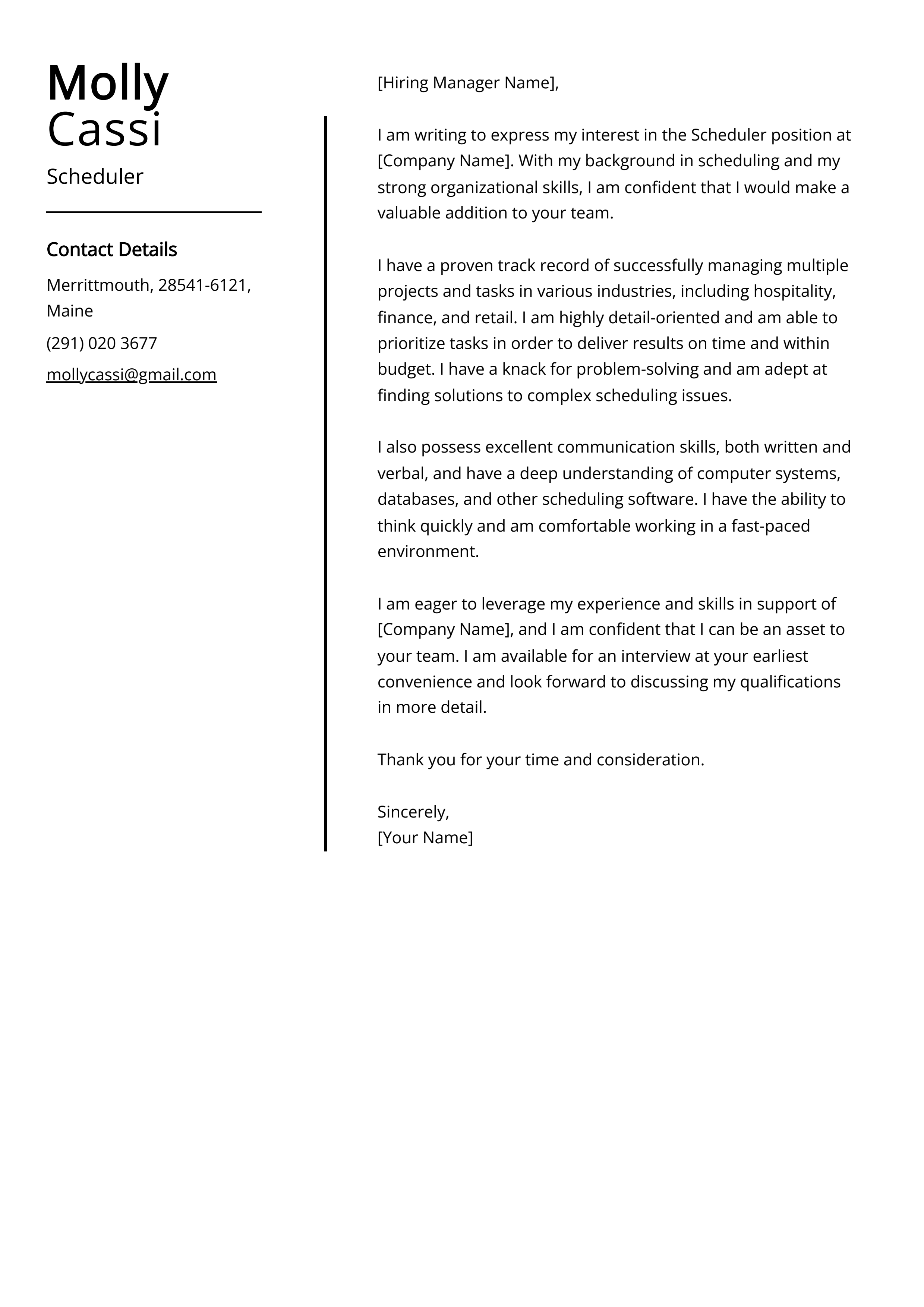 Scheduler Cover Letter Example