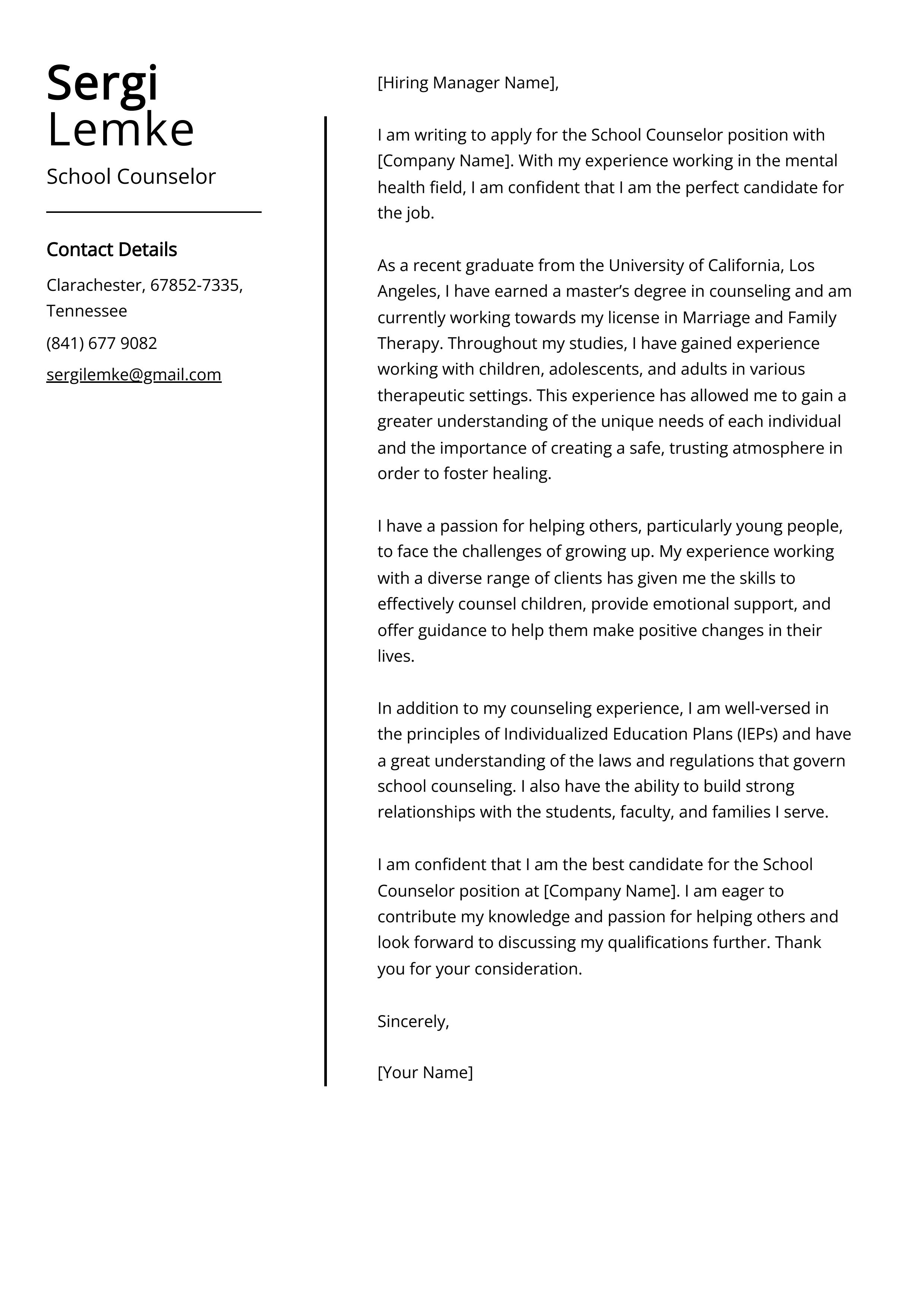 School Counselor Cover Letter Example