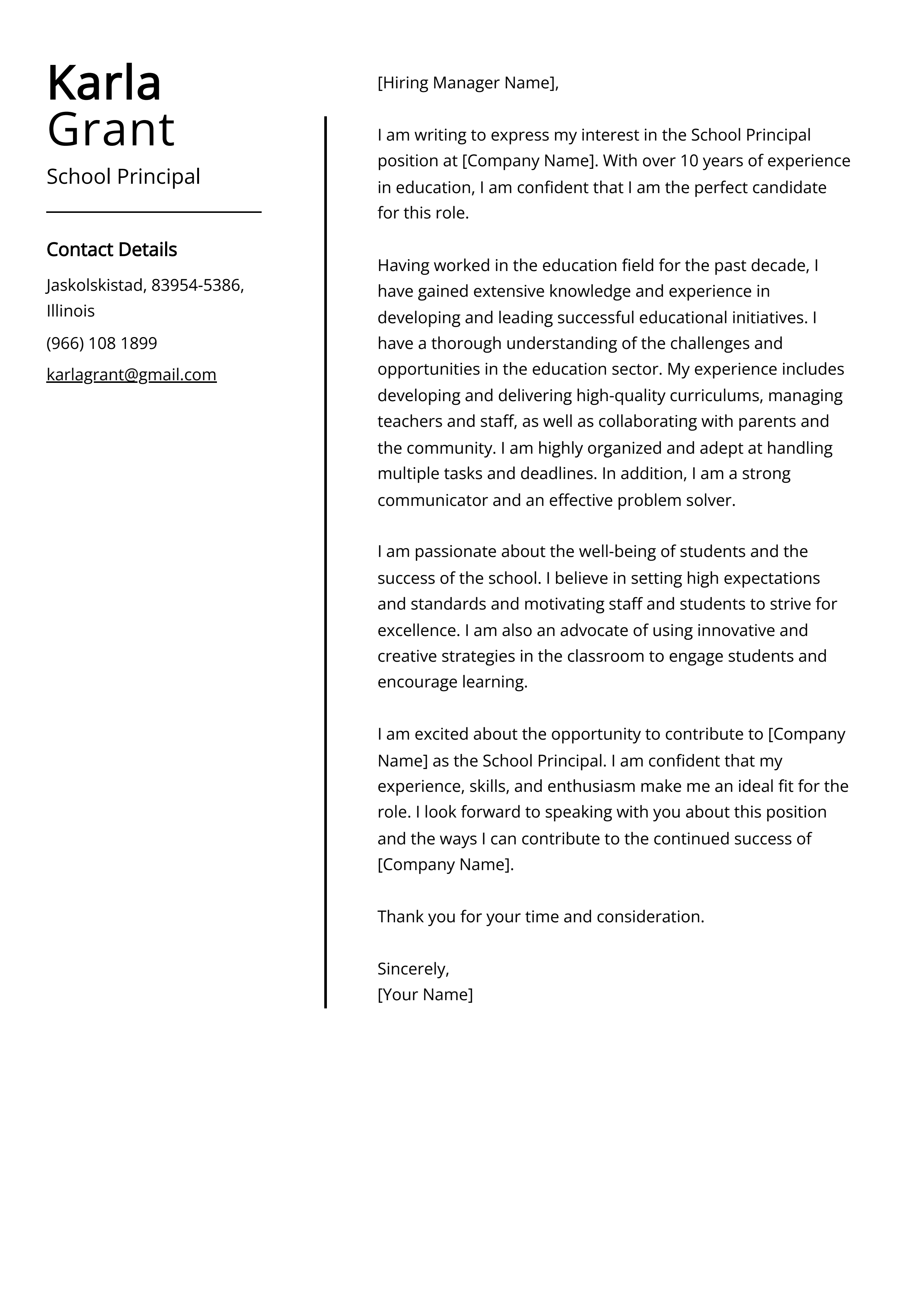 School Principal Cover Letter Example