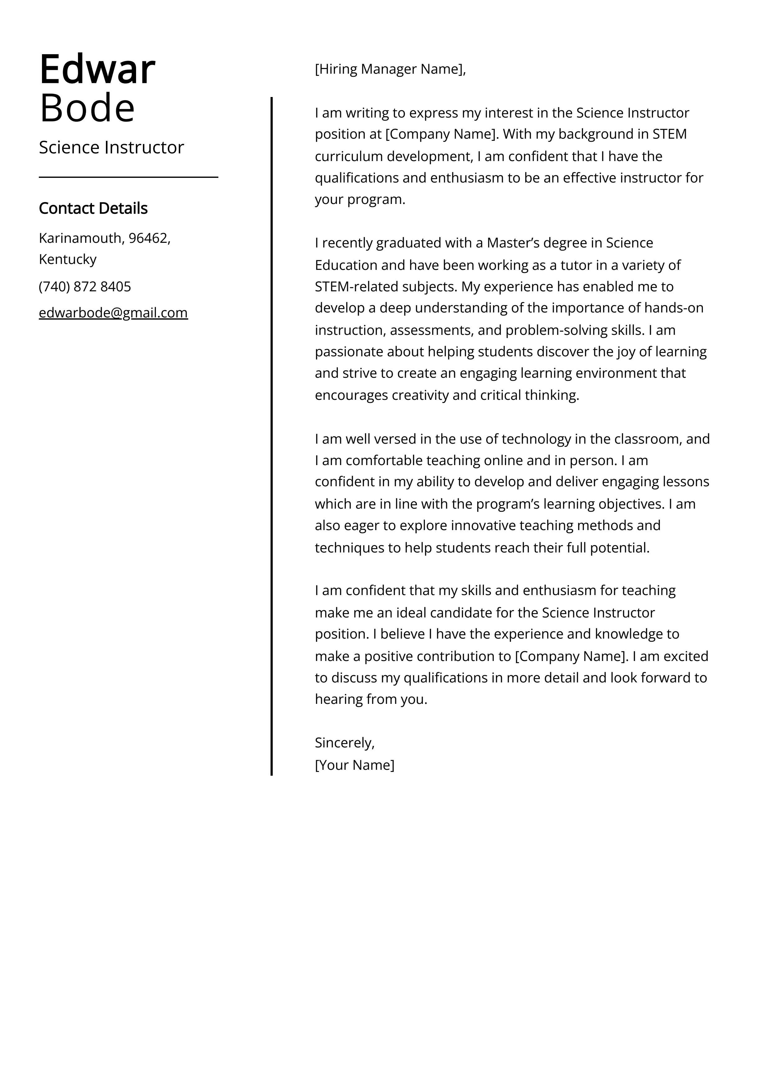 Science Instructor Cover Letter Example