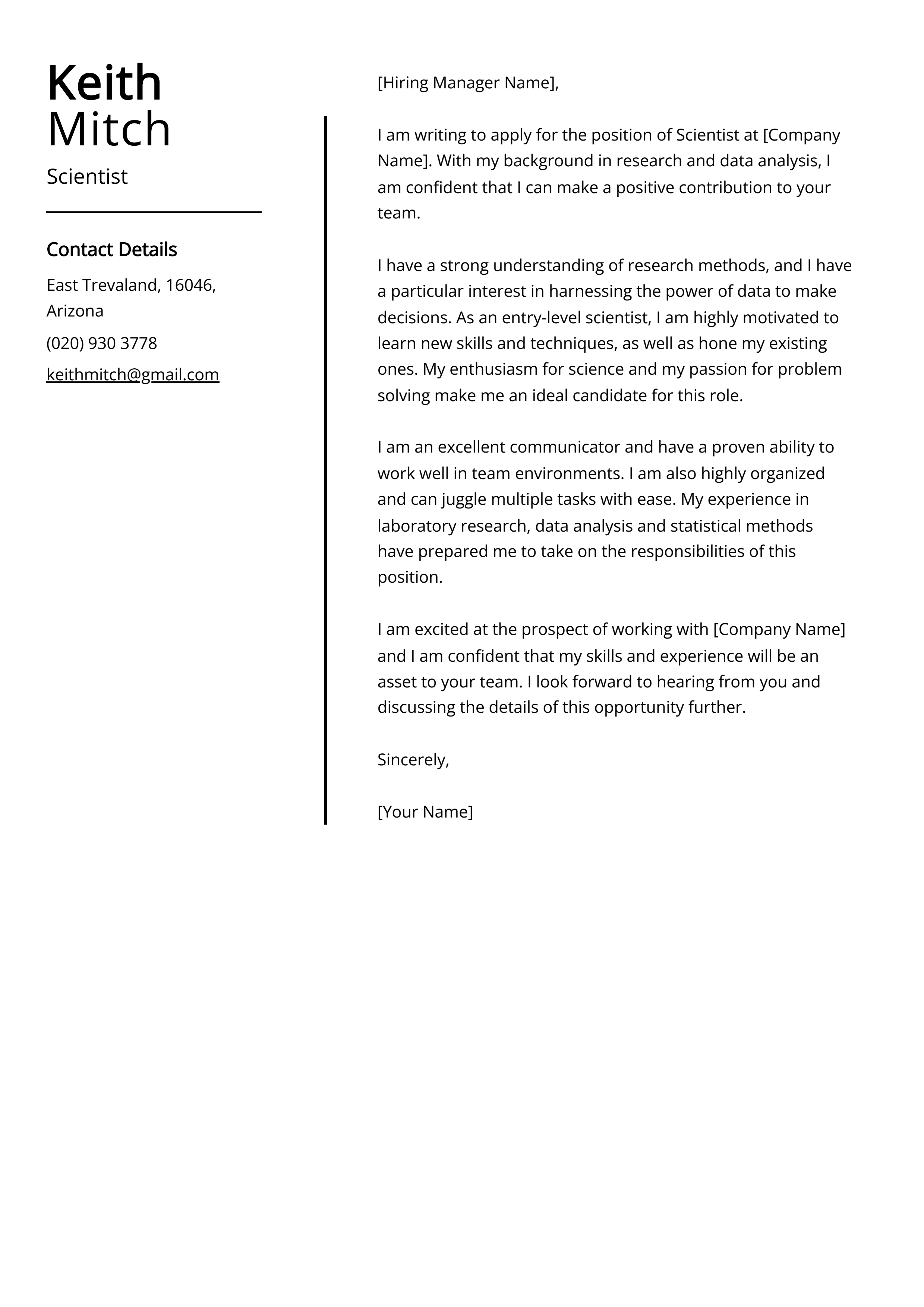 Scientist Cover Letter Example