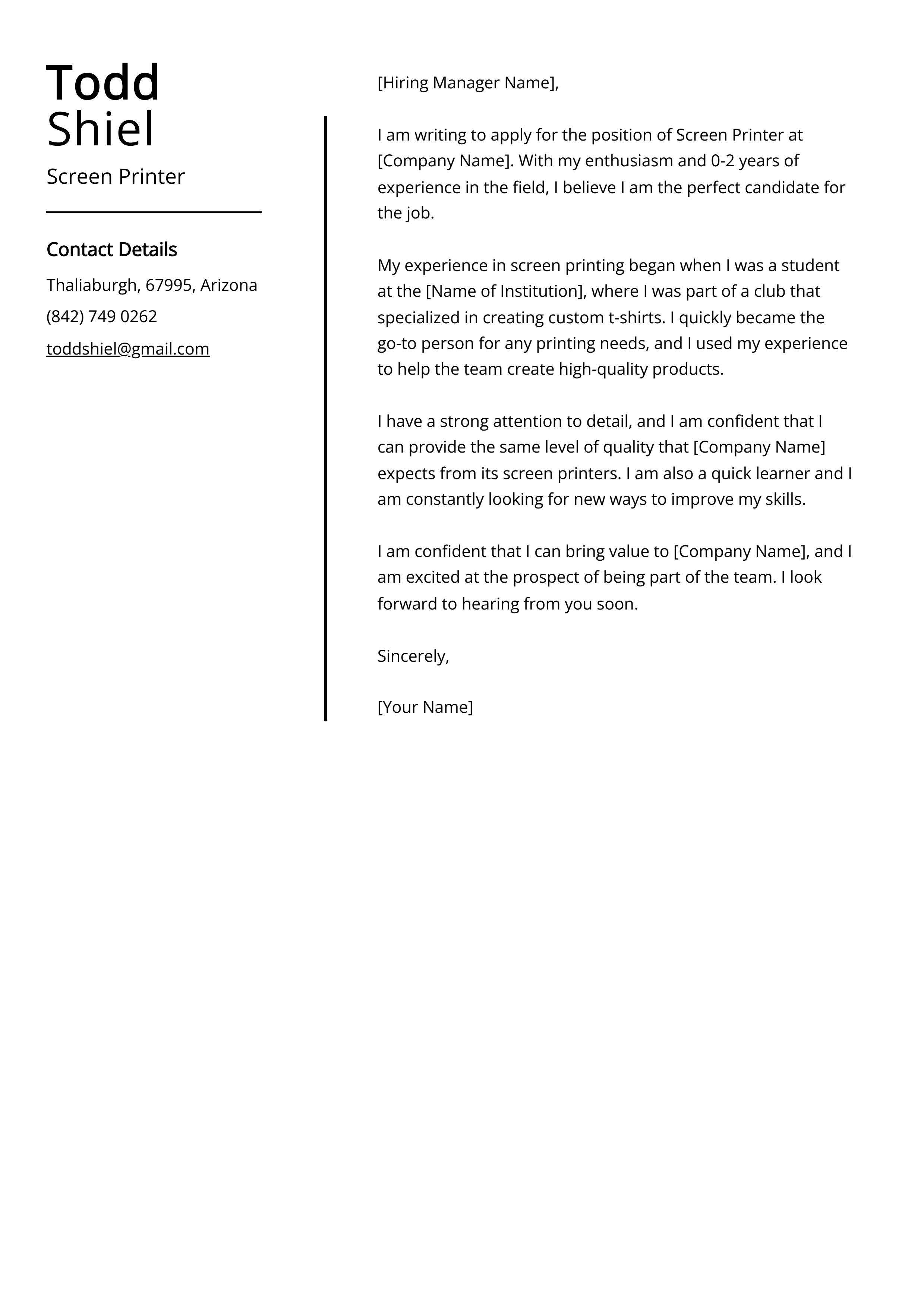 Screen Printer Cover Letter Example