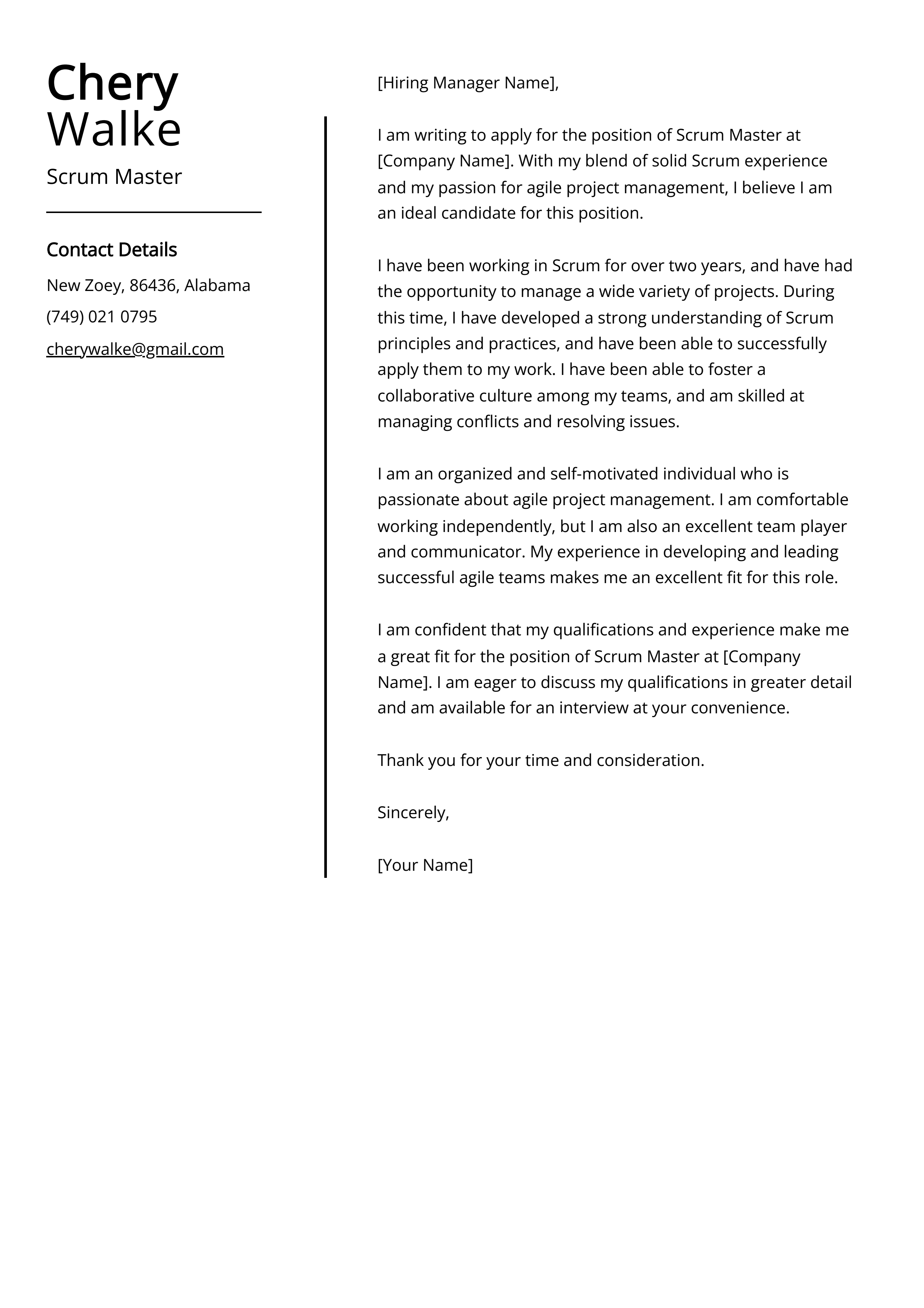 Scrum Master Cover Letter Example