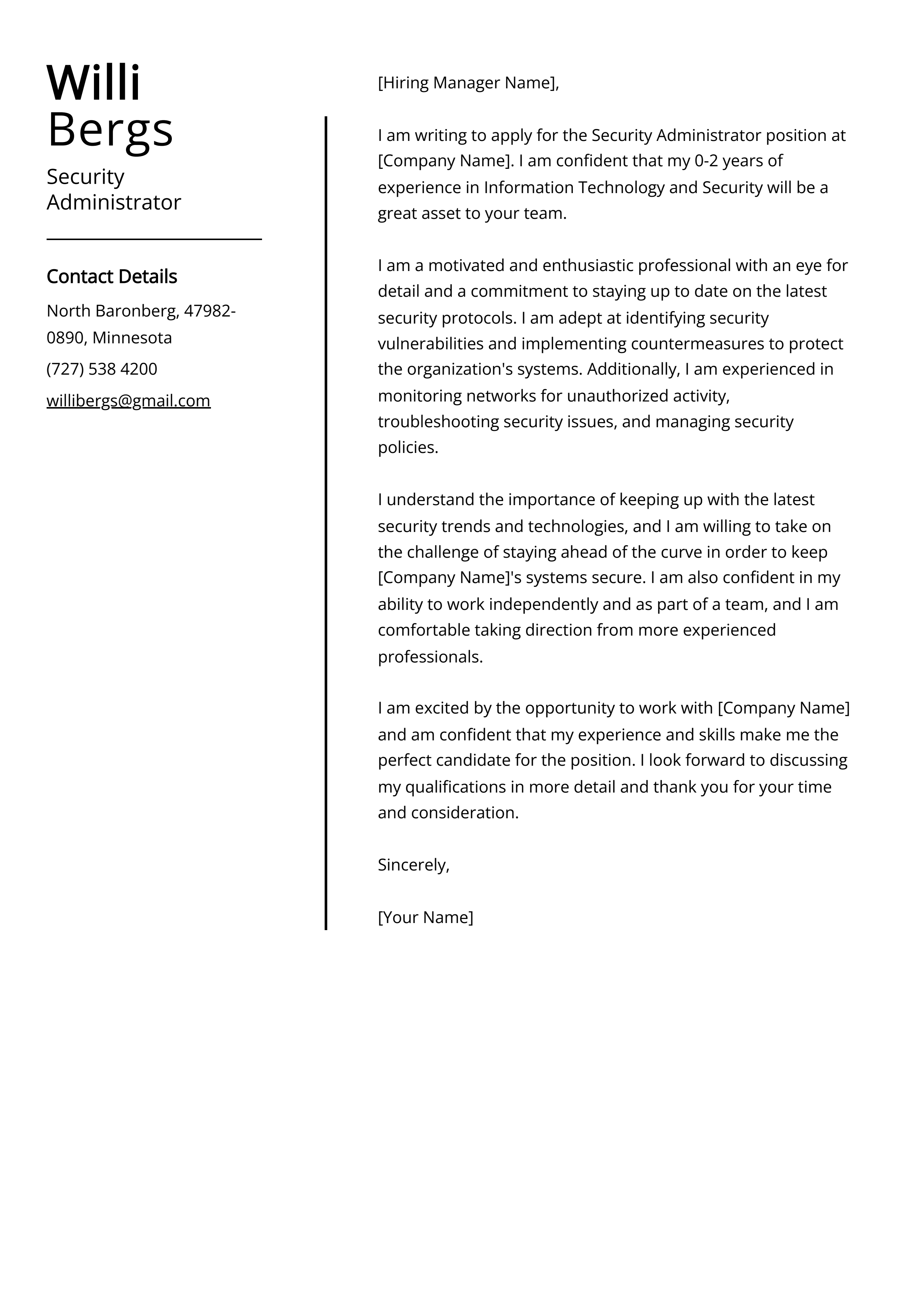 Security Administrator Cover Letter Example
