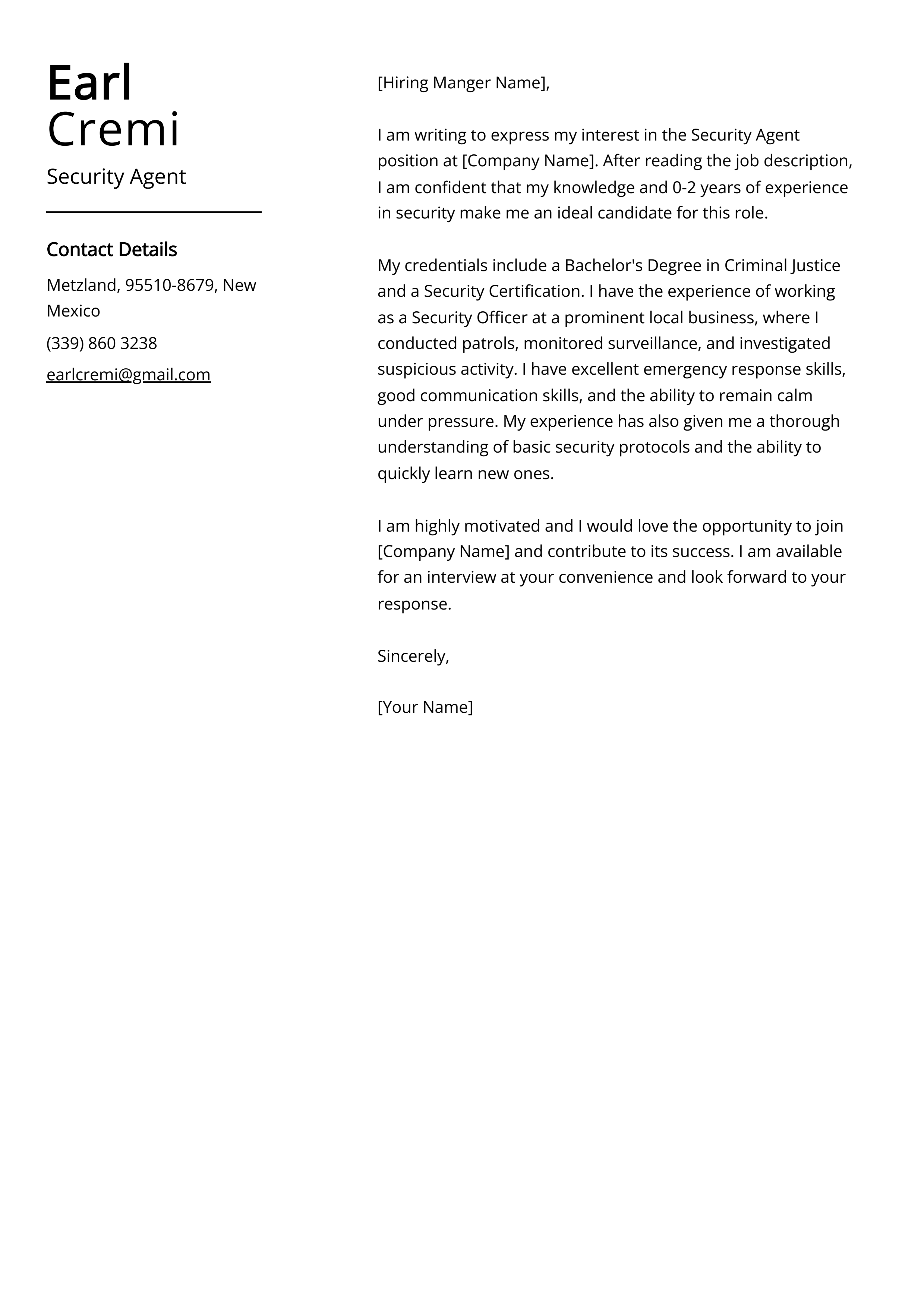 Security Agent Cover Letter Example