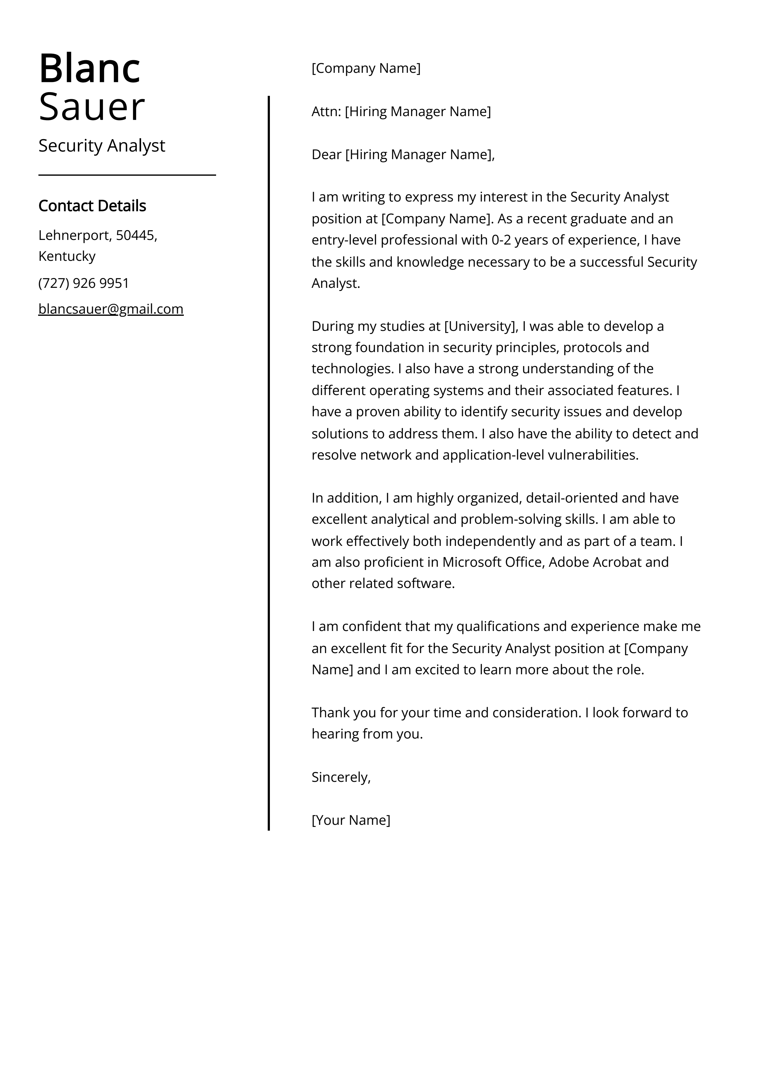 Security Analyst Cover Letter Example