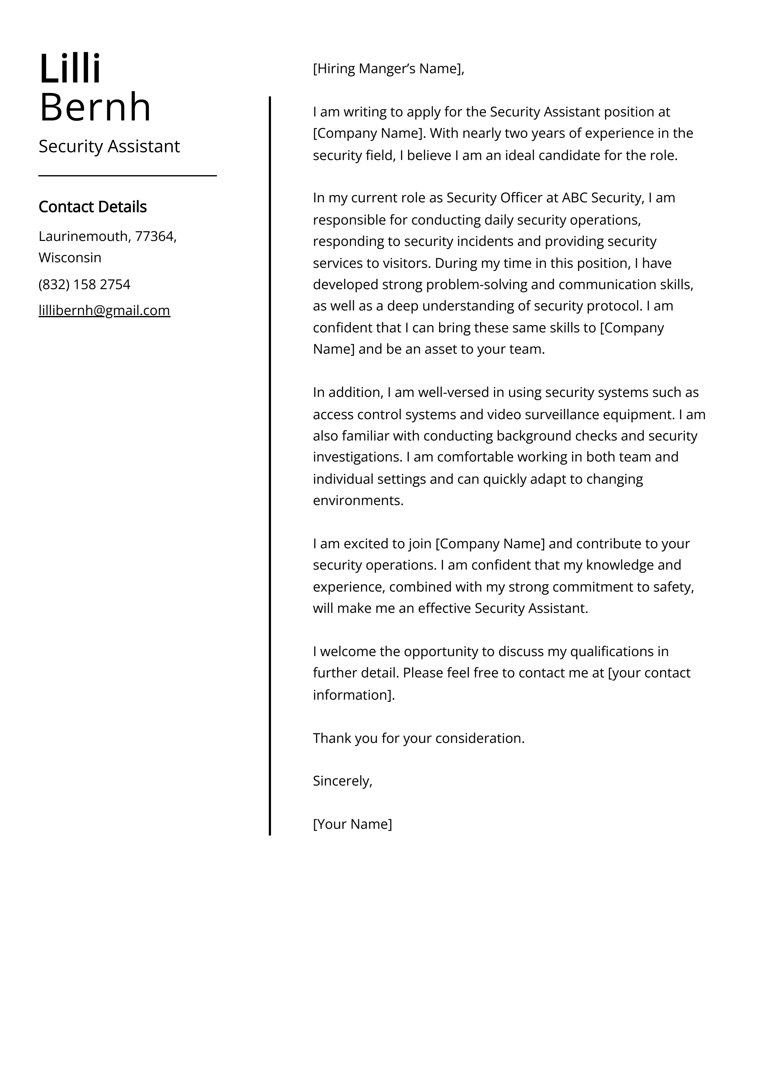 Security Assistant Cover Letter Example