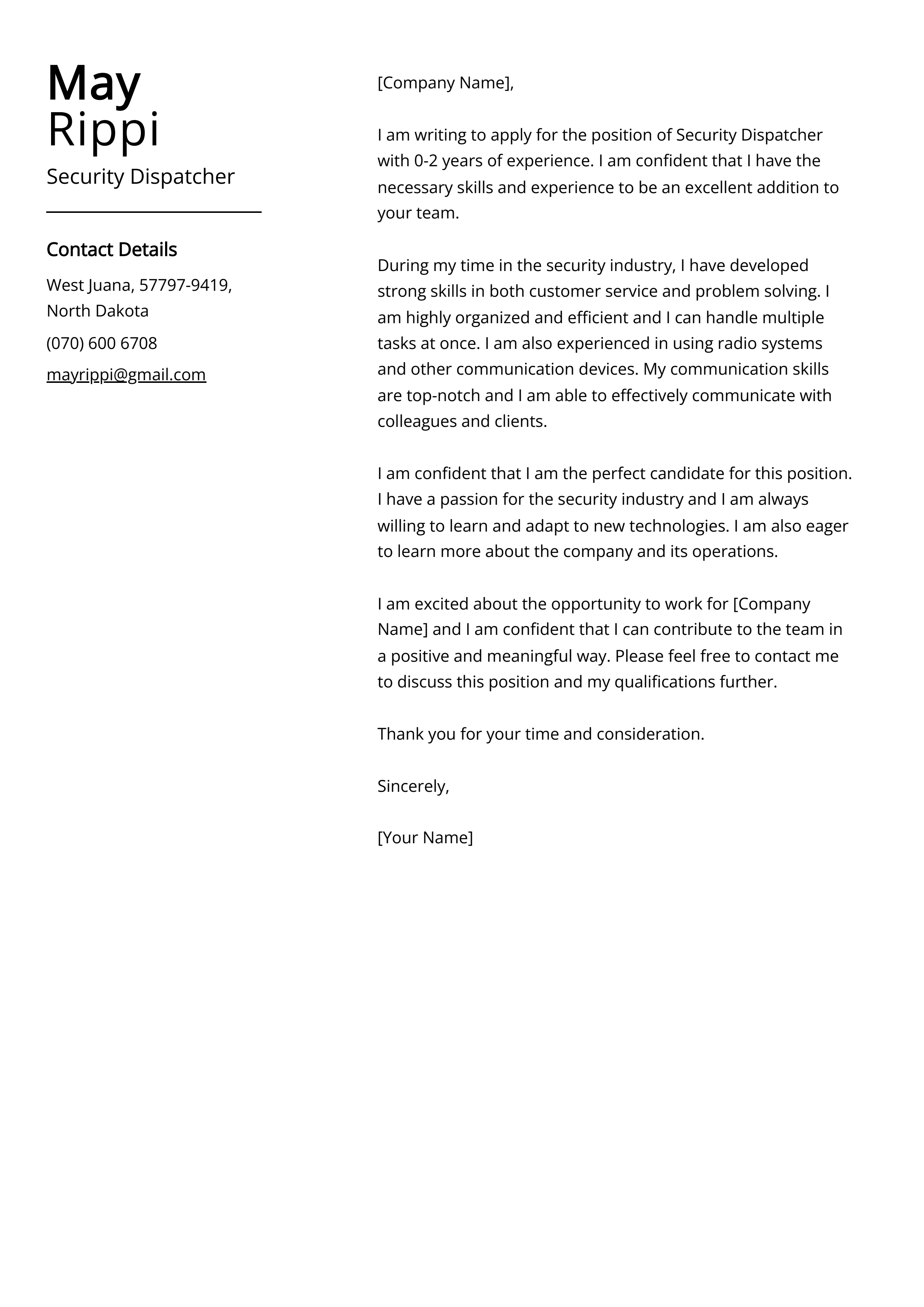 Security Dispatcher Cover Letter Example