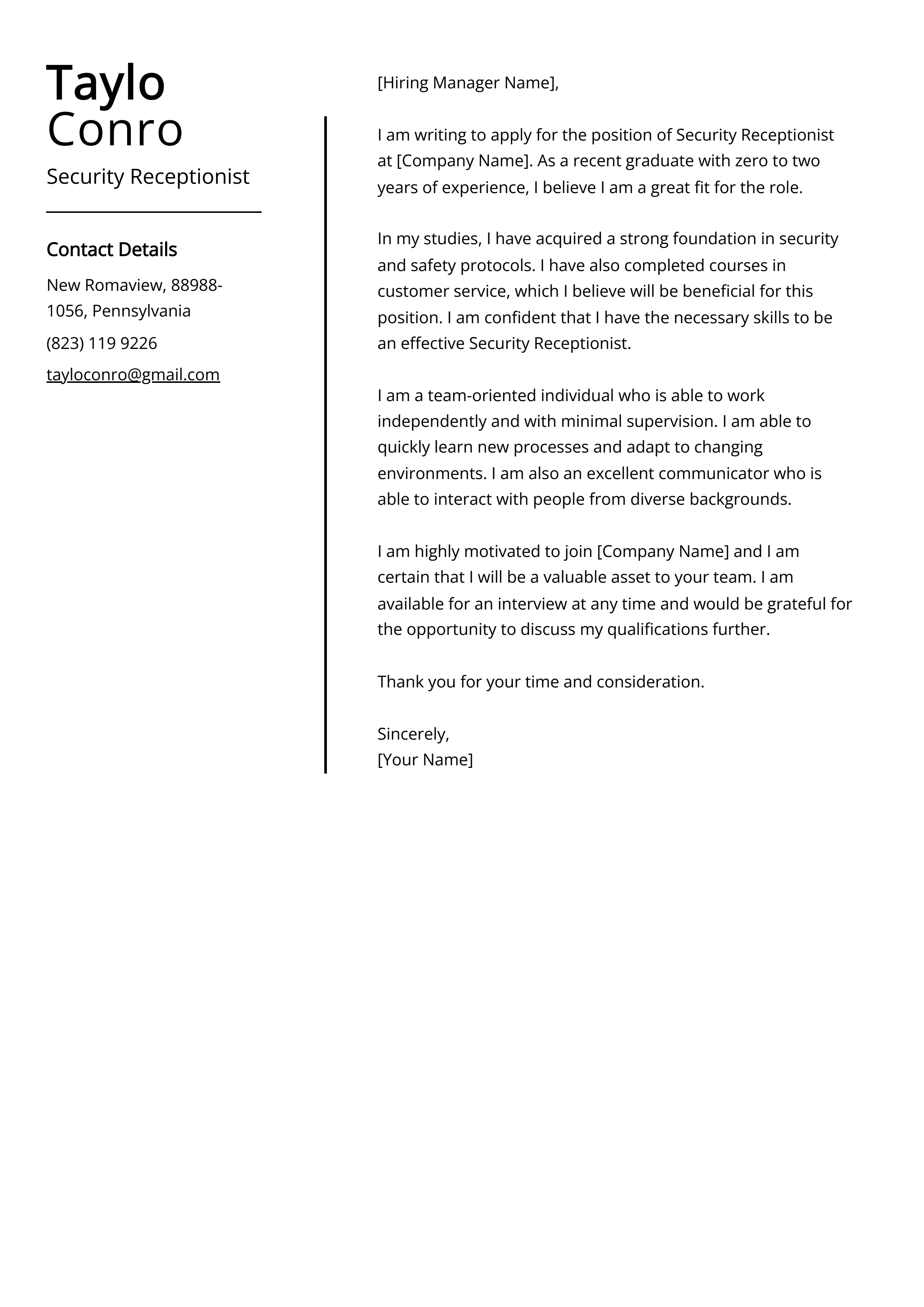 Security Receptionist Cover Letter Example