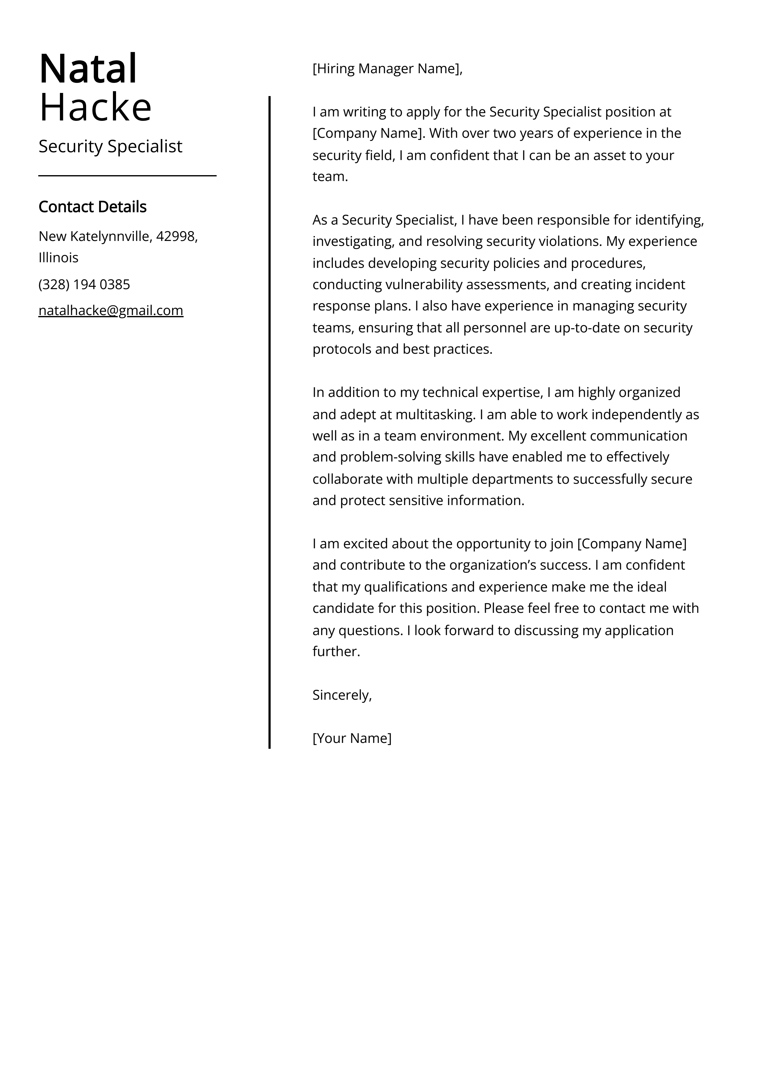 Security Specialist Cover Letter Example