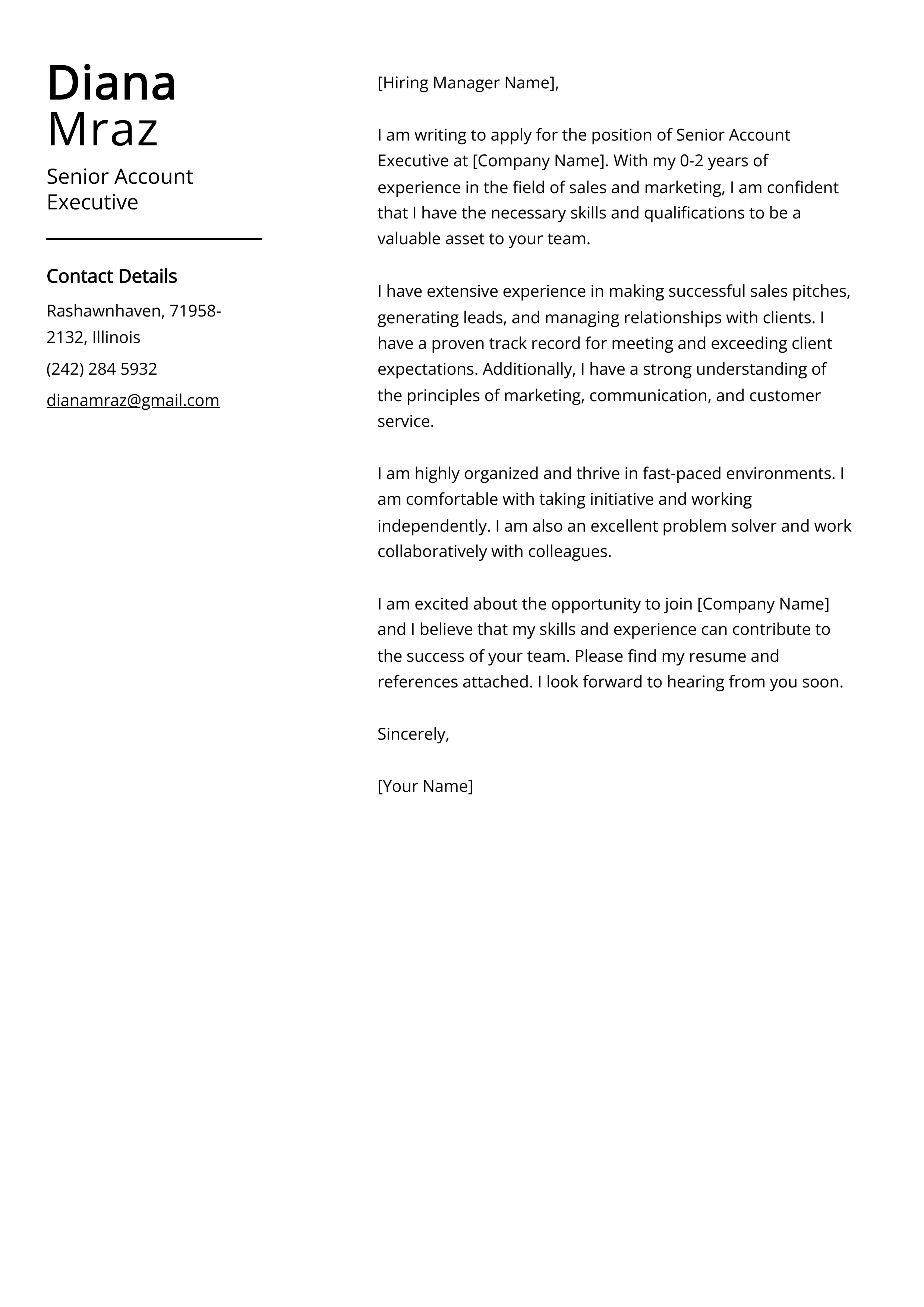 Senior Account Executive Cover Letter Example