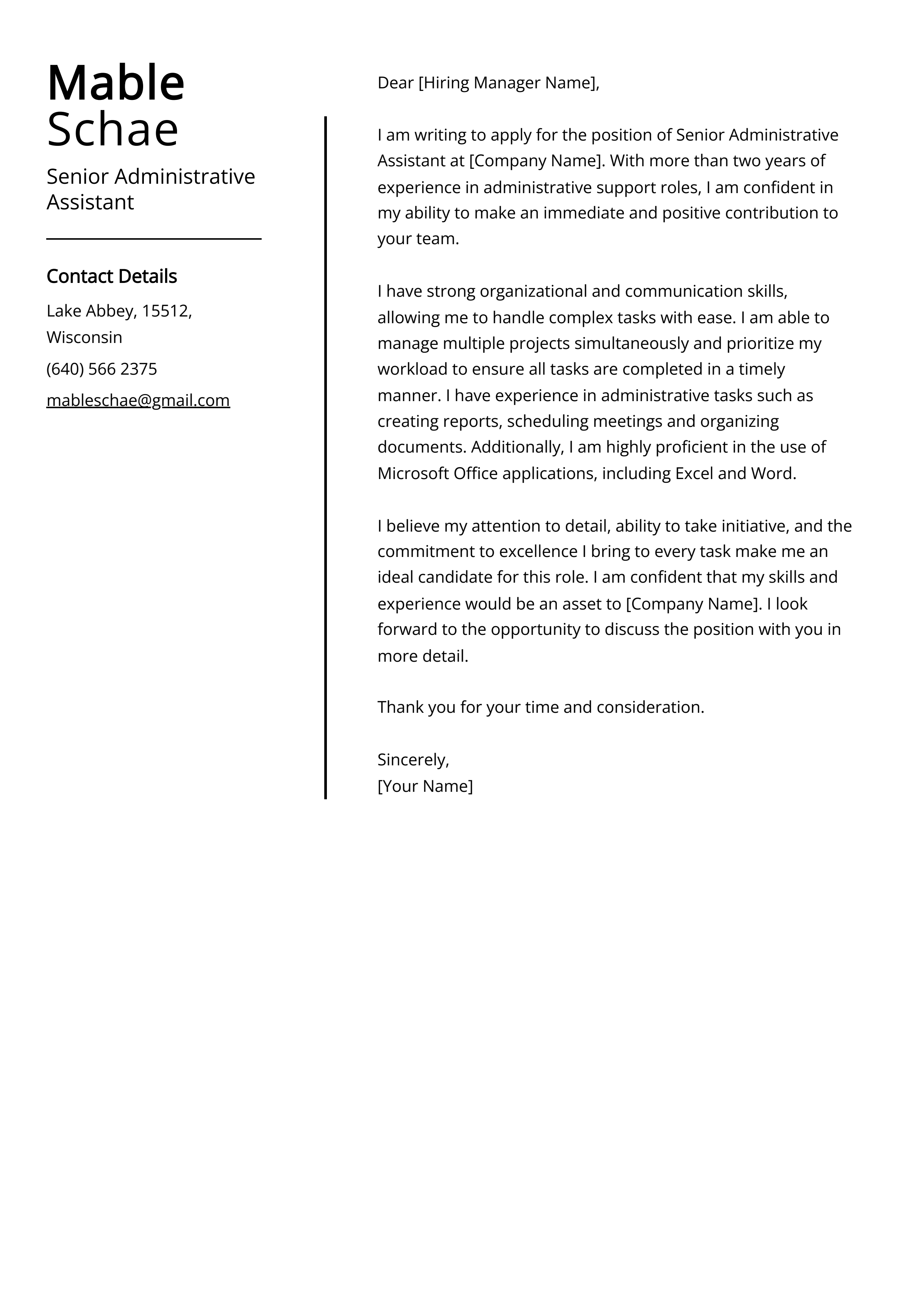 Senior Administrative Assistant Cover Letter Example