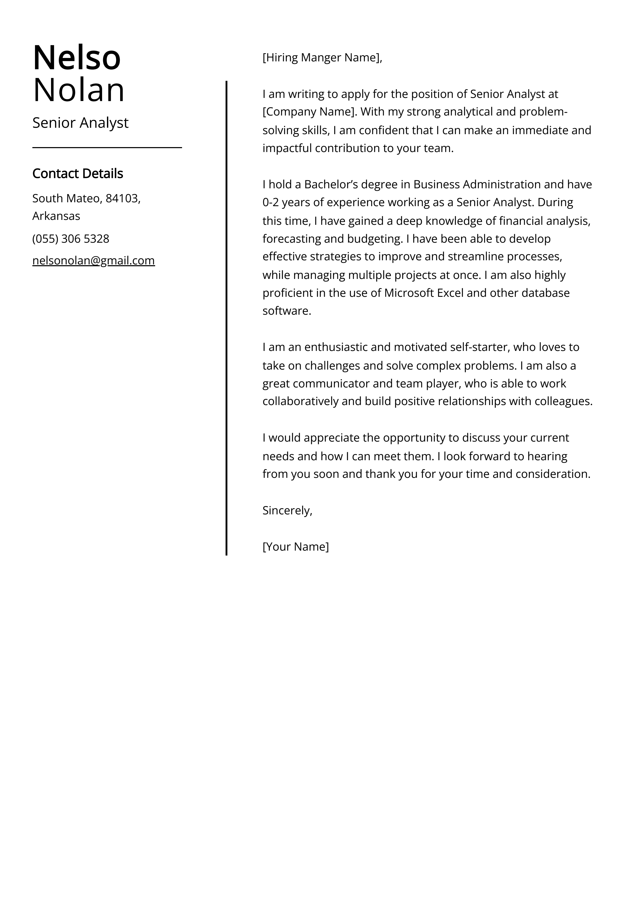 Senior Analyst Cover Letter Example