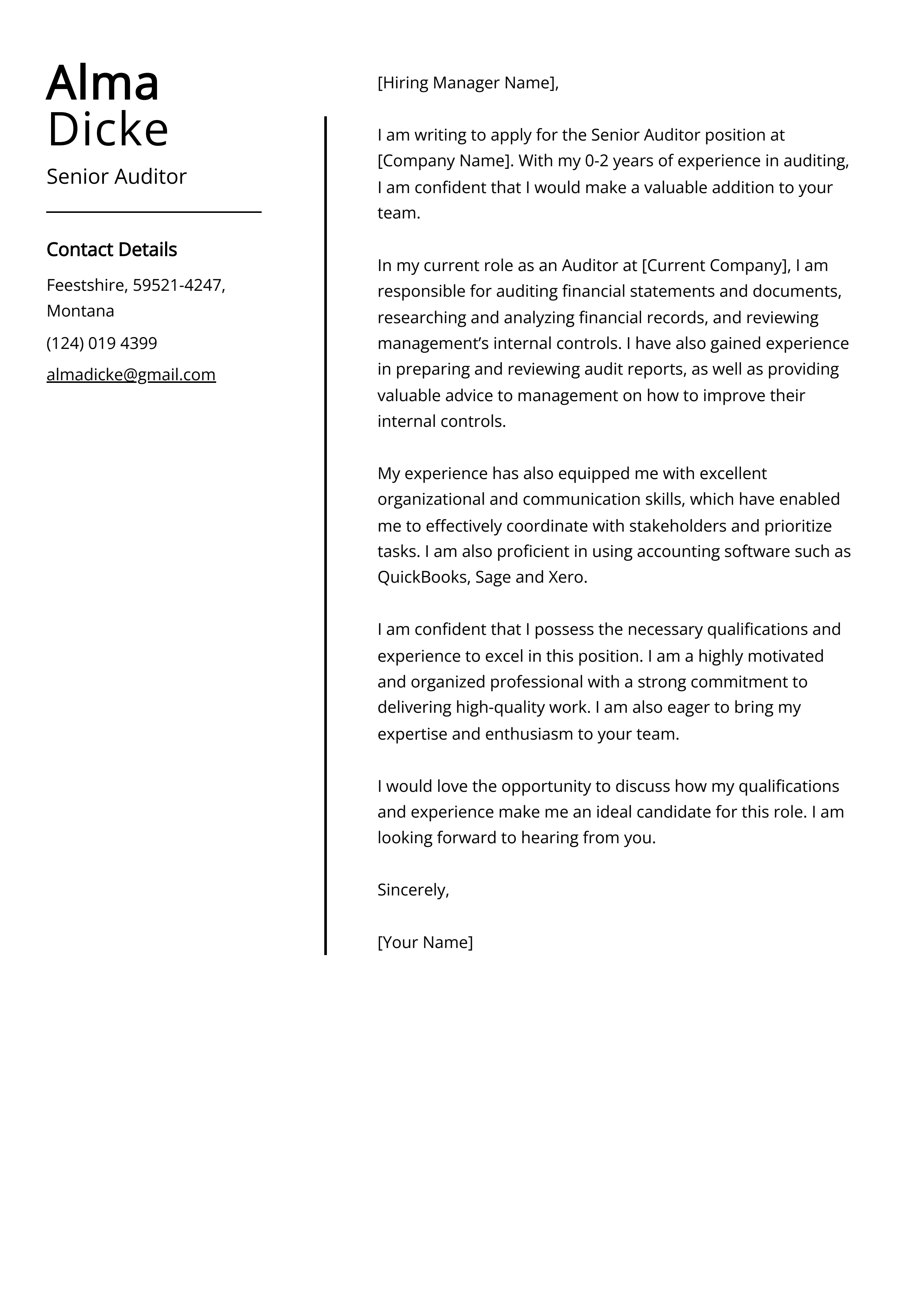 Senior Auditor Cover Letter Example