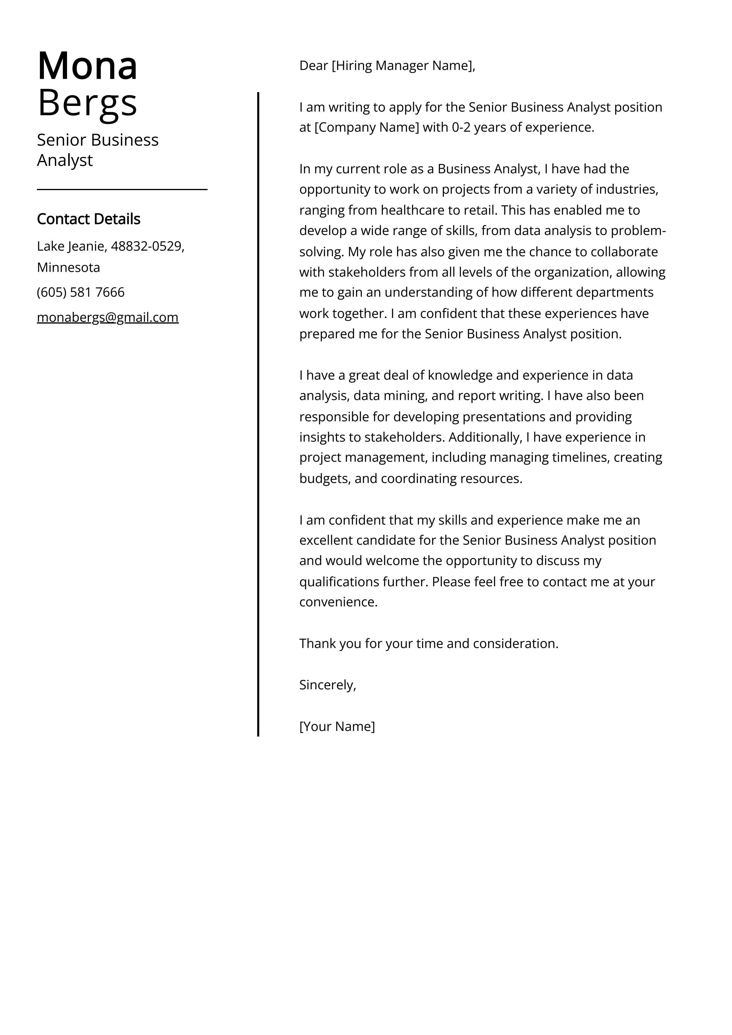 Senior Business Analyst Cover Letter Example
