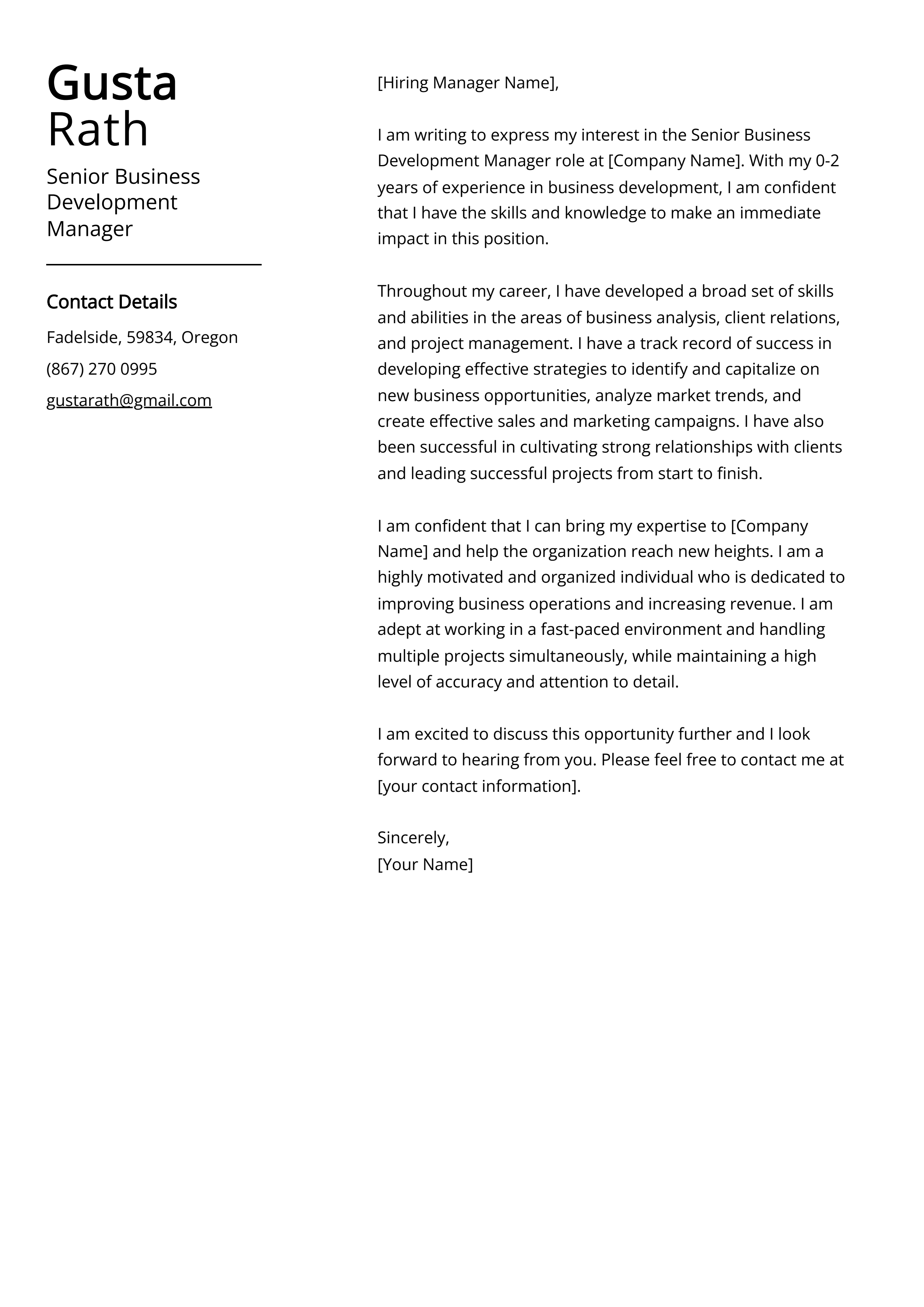 Senior Business Development Manager Cover Letter Example