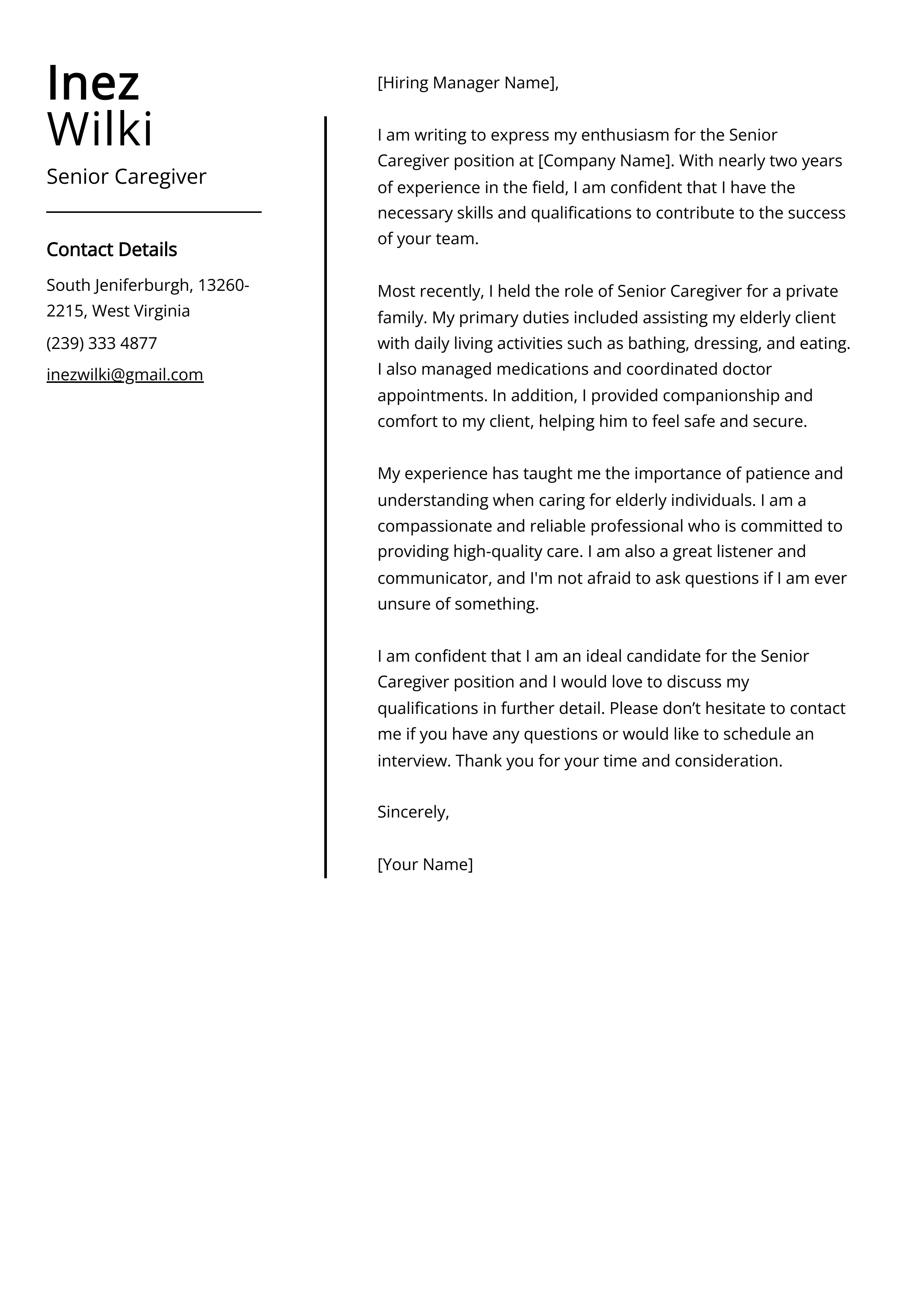 Senior Caregiver Cover Letter Example