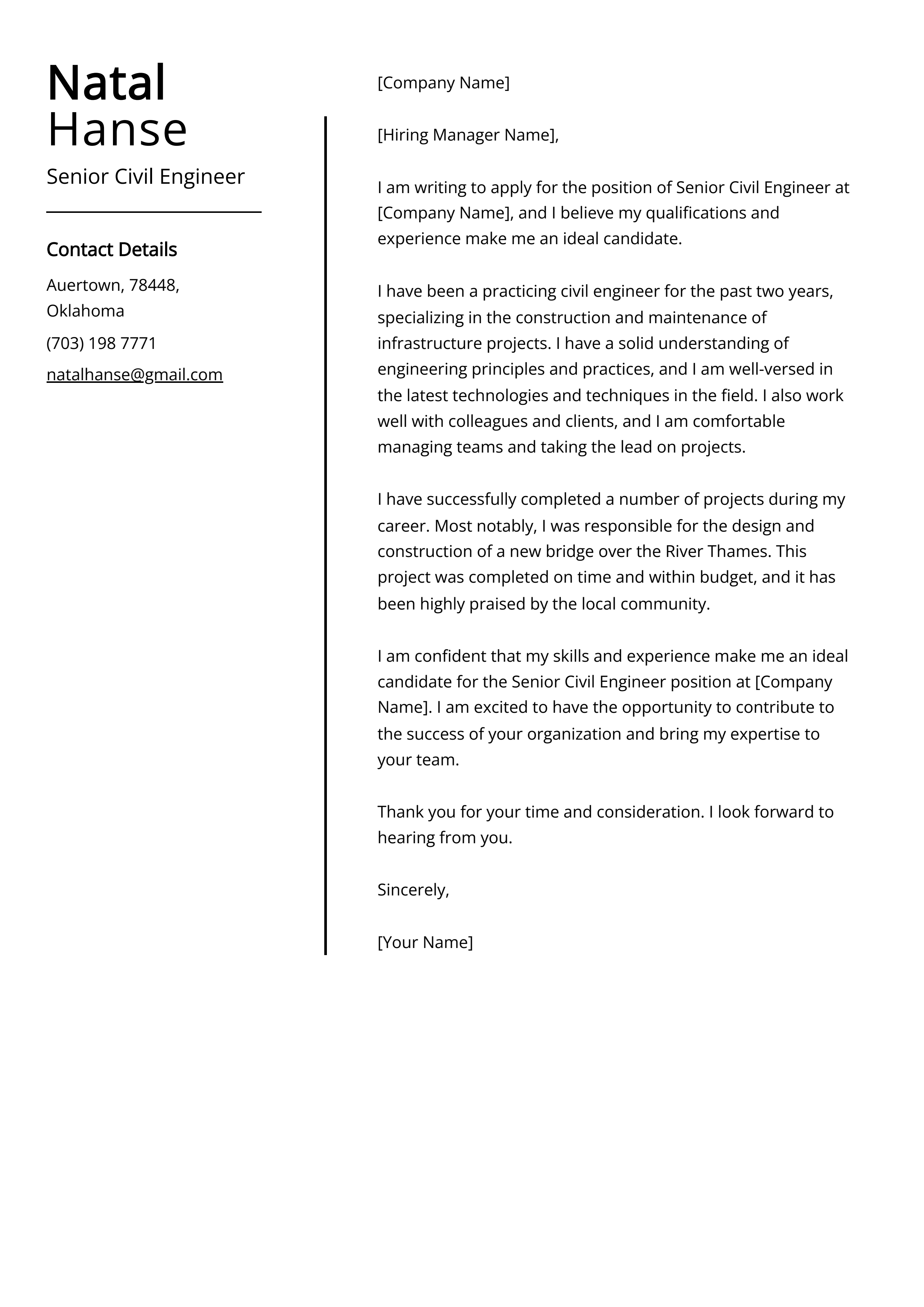 Senior Civil Engineer Cover Letter Example