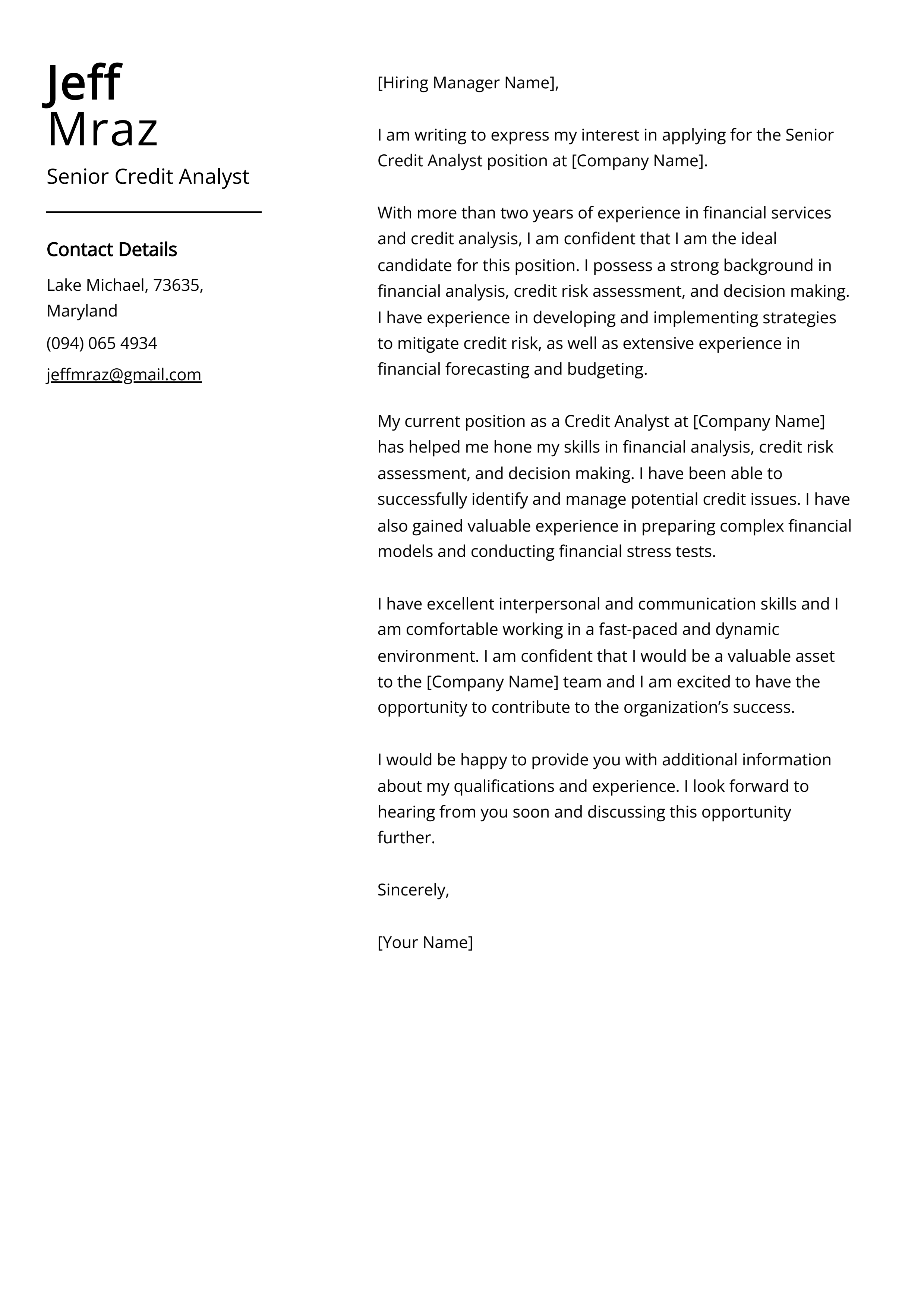 Senior Credit Analyst Cover Letter Example