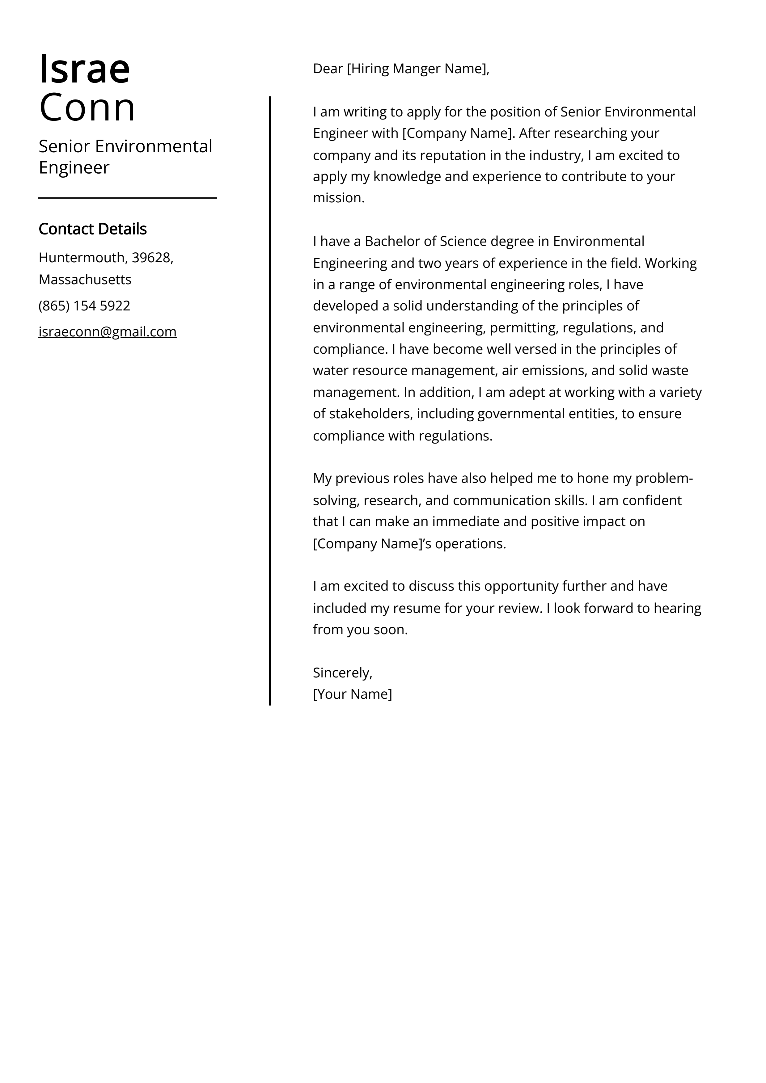 Senior Environmental Engineer Cover Letter Example