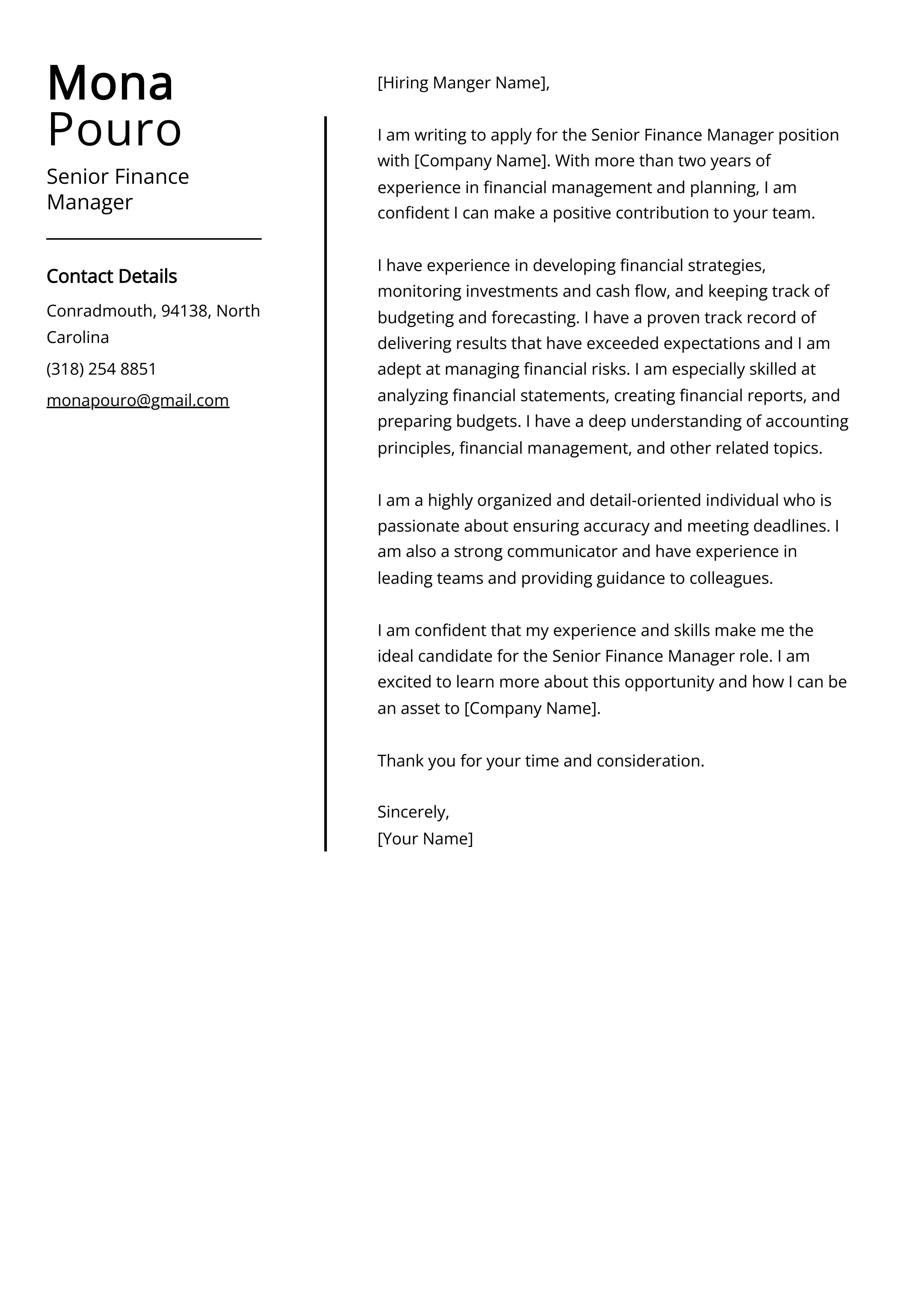 Senior Finance Manager Cover Letter Example