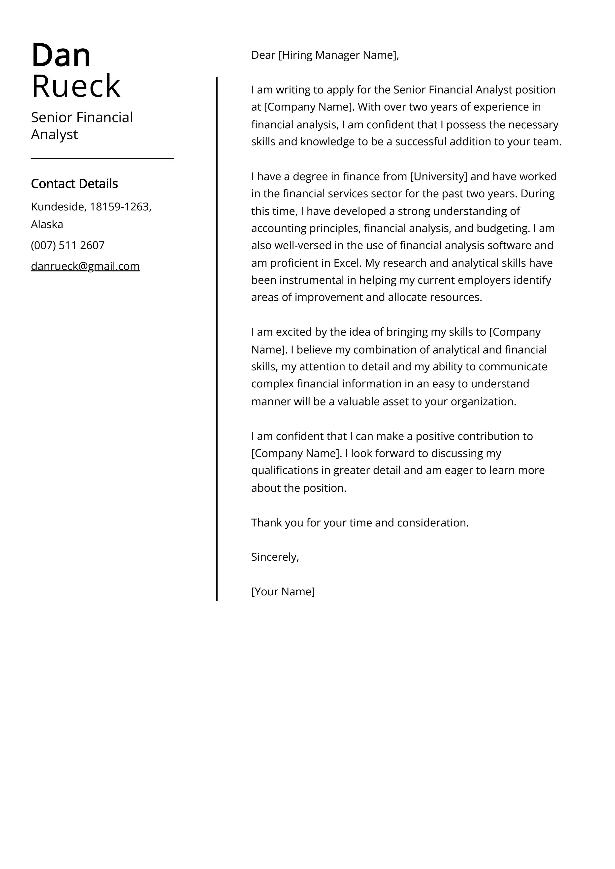 Senior Financial Analyst Cover Letter Example
