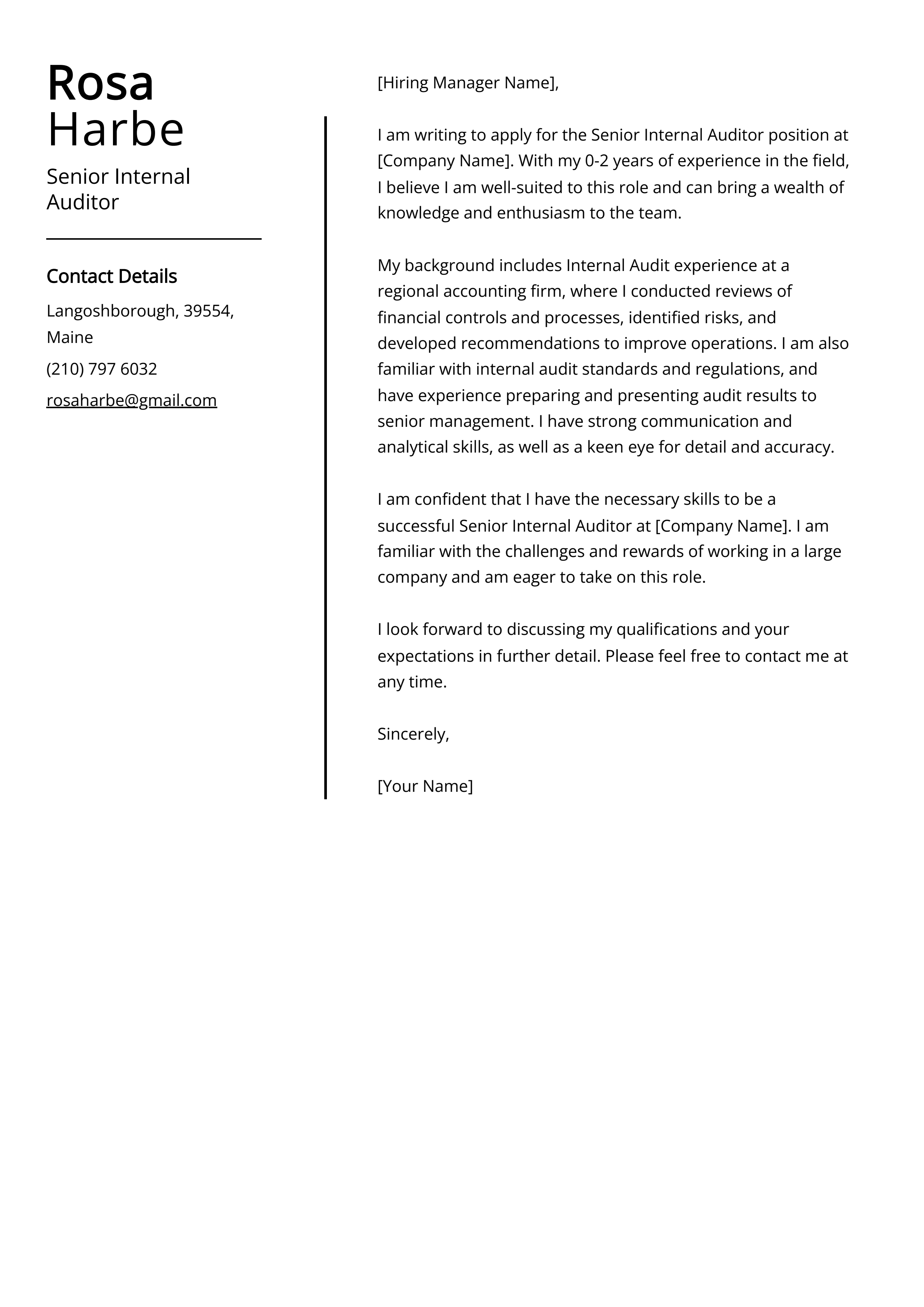 Senior Internal Auditor Cover Letter Example