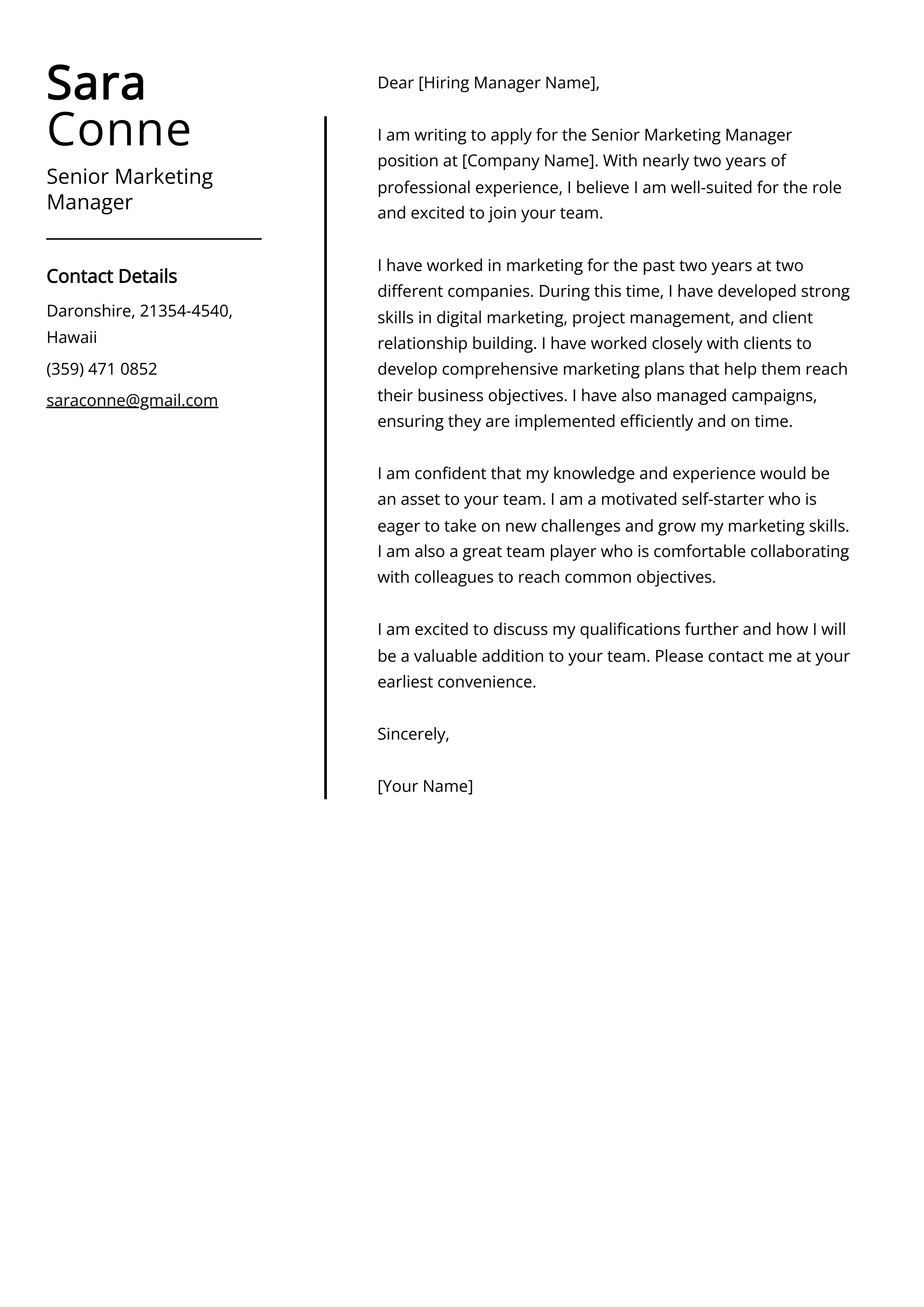 Senior Marketing Manager Cover Letter Example