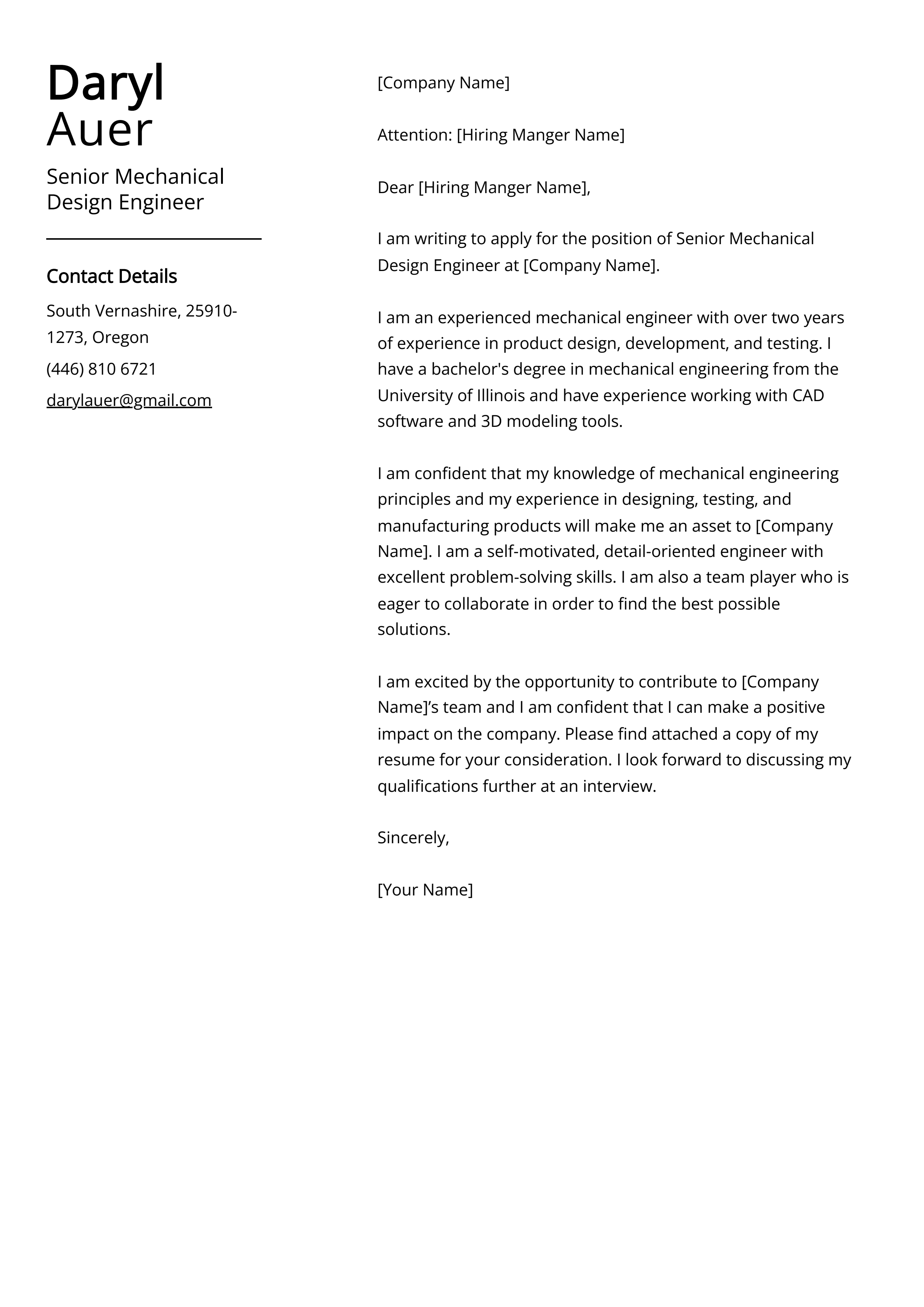 Senior Mechanical Design Engineer Cover Letter Example