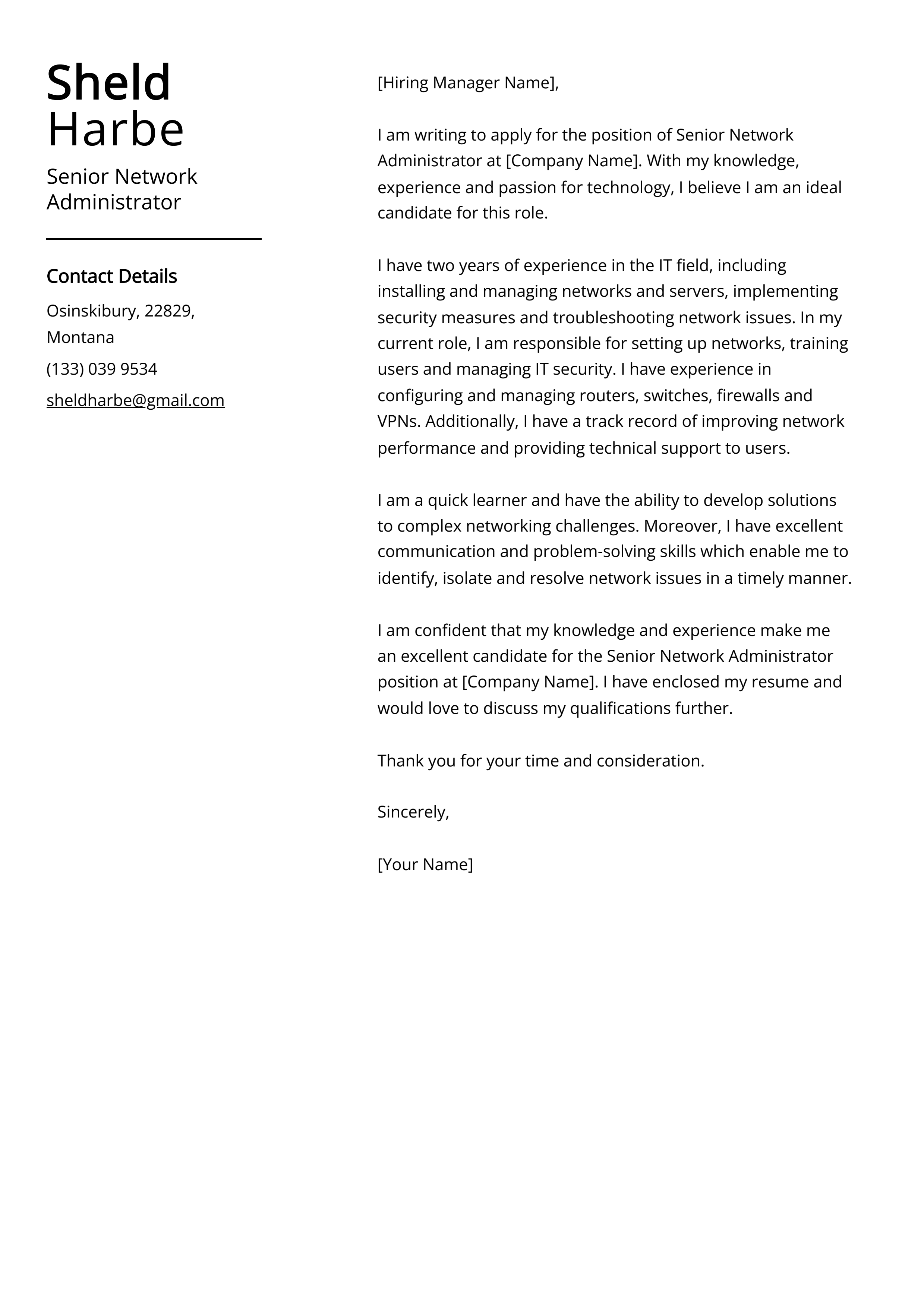 Senior Network Administrator Cover Letter Example