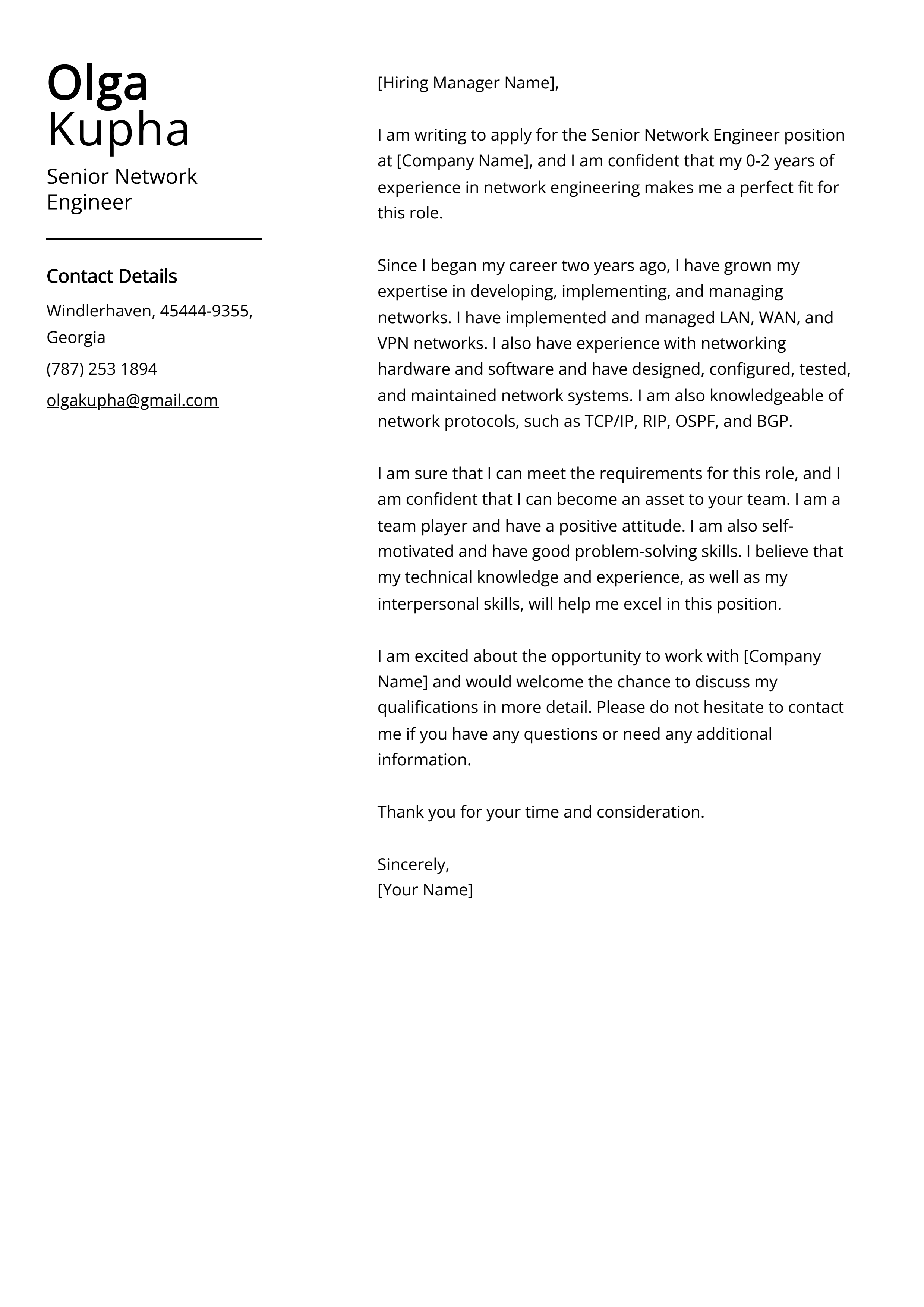 Senior Network Engineer Cover Letter Example